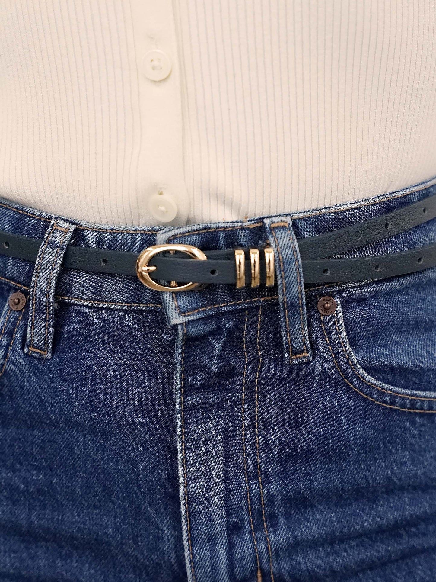 Classic Skinny Belt in Denim on model 2