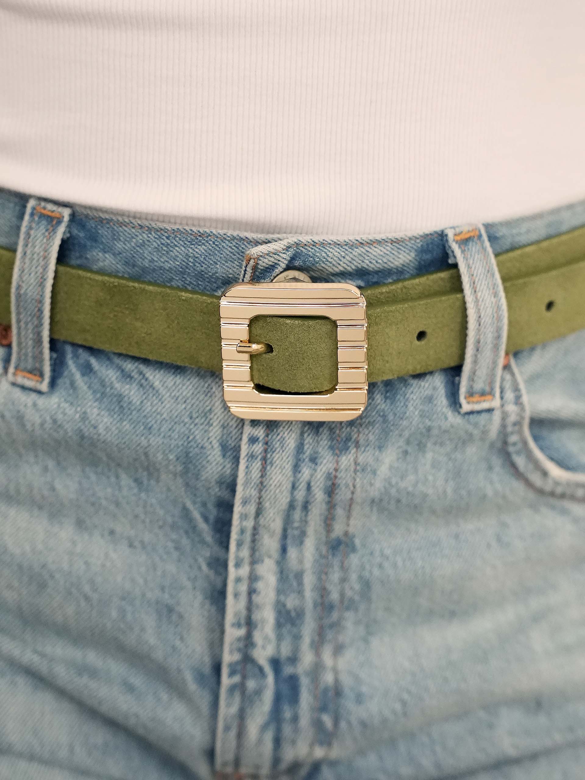 Timeless Texture Belt in Olivine on model 2