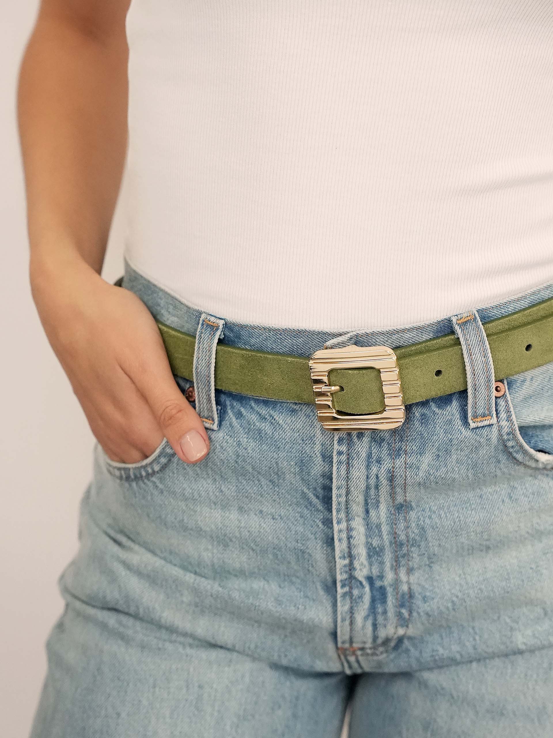 Timeless Texture Belt in Olivine on model 3