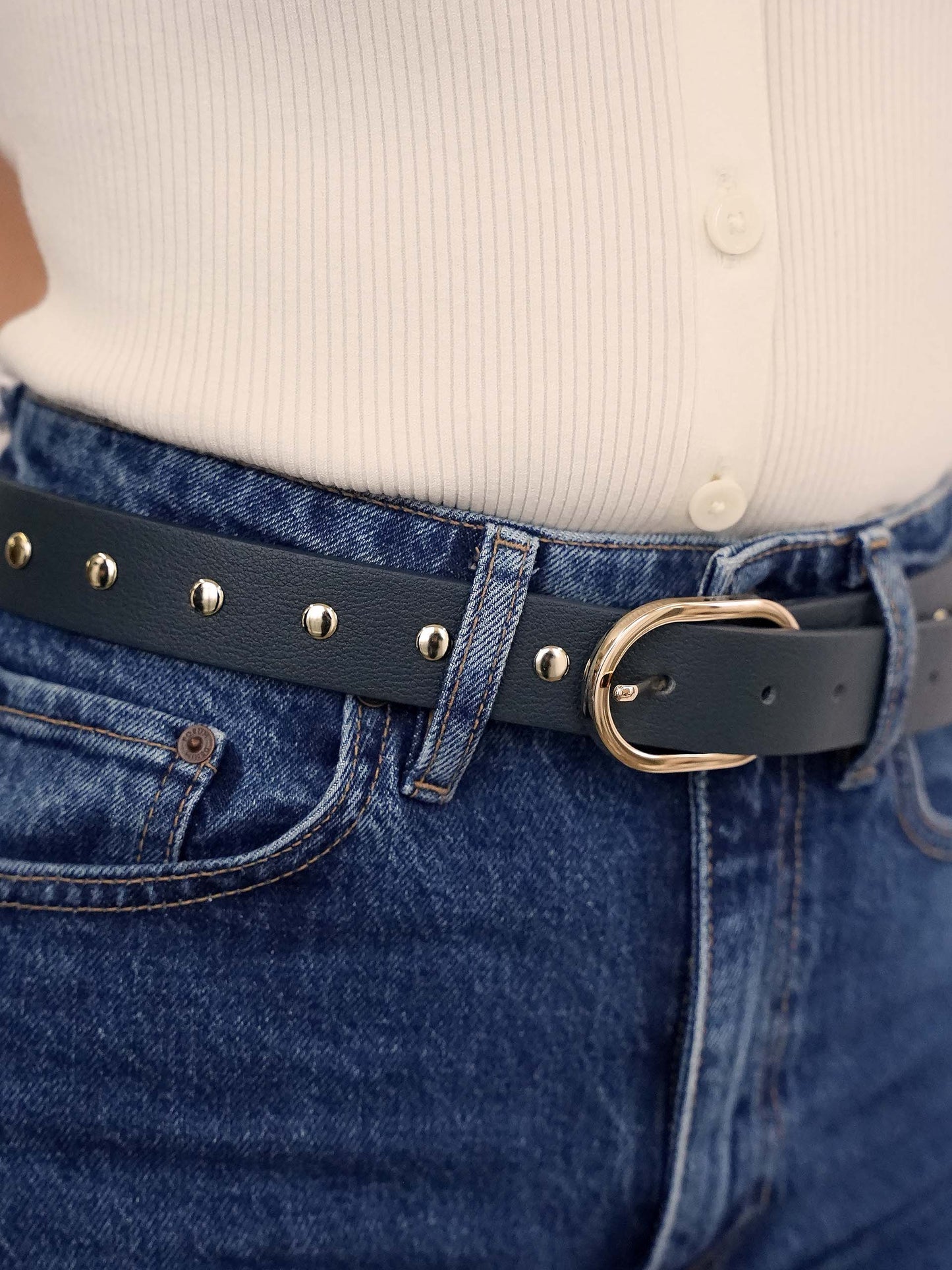 Boyfriend Stud Belt in Denim on model 2