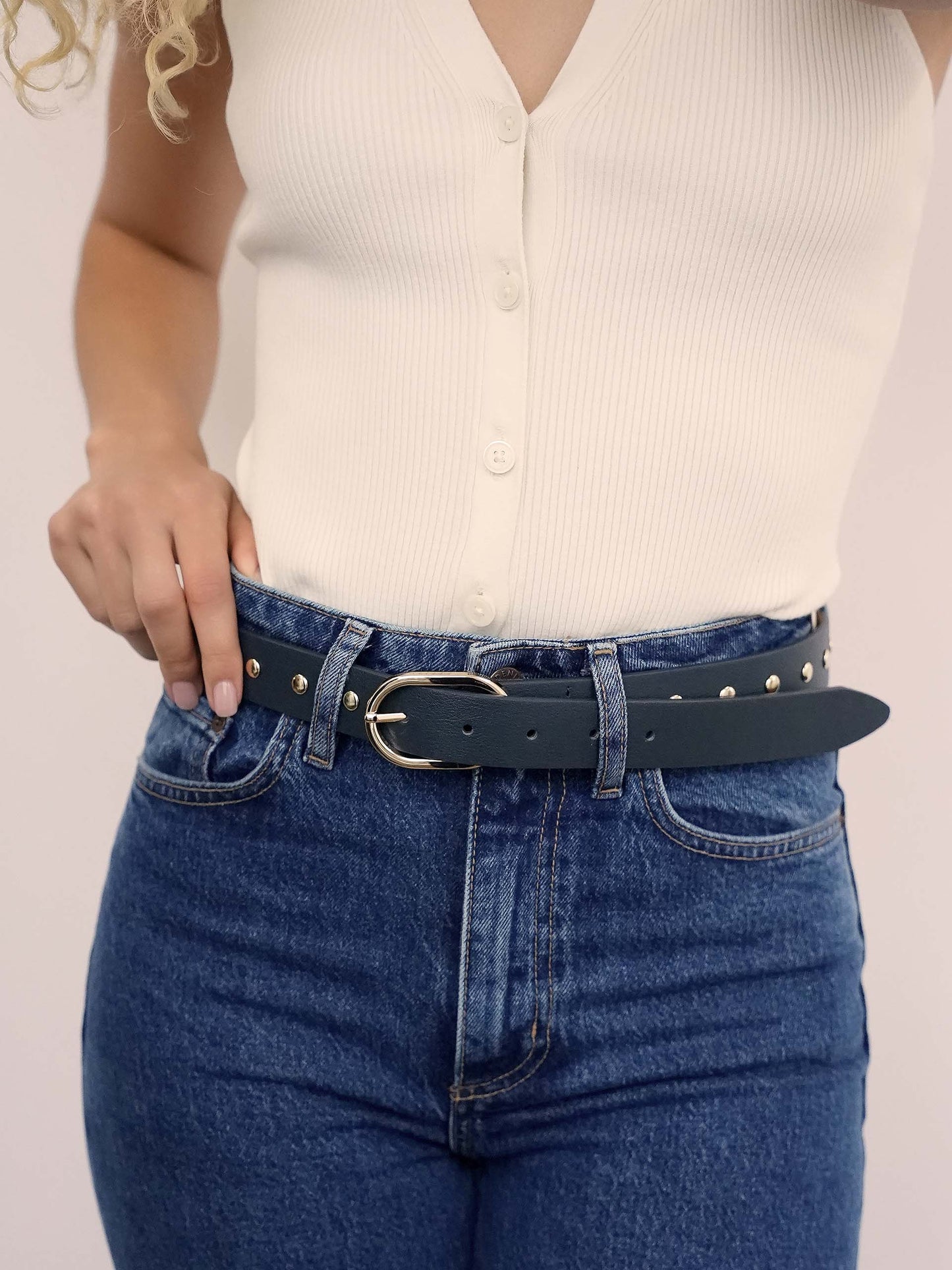 Boyfriend Stud Belt in Denim on model 