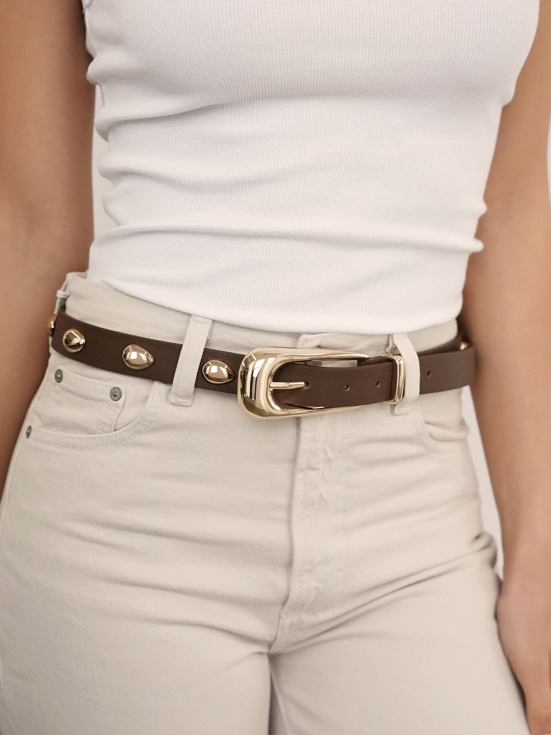 Teardrop Studded Belt in Coffee on model