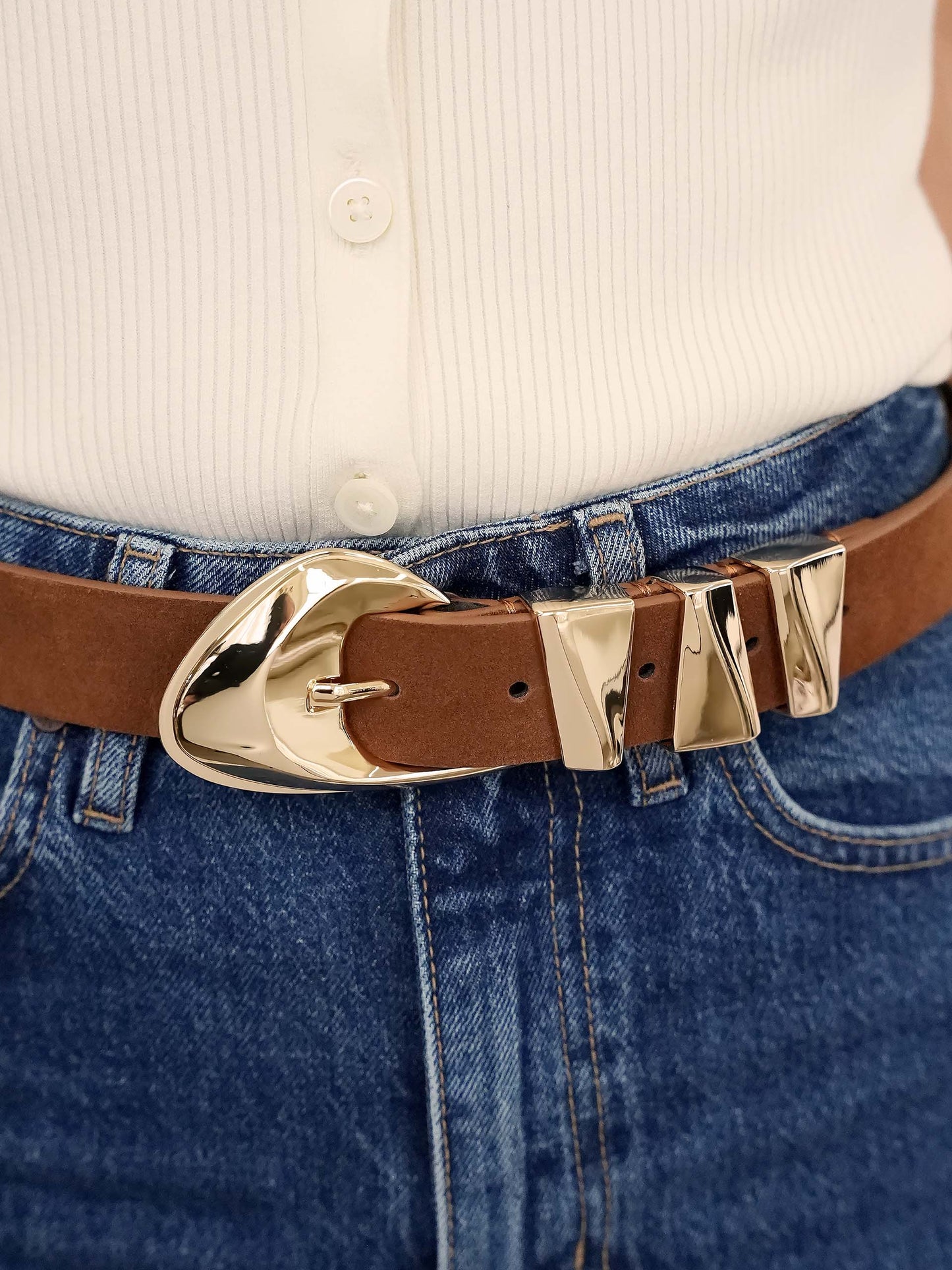 Modern Western Belt in Mocha on model 2