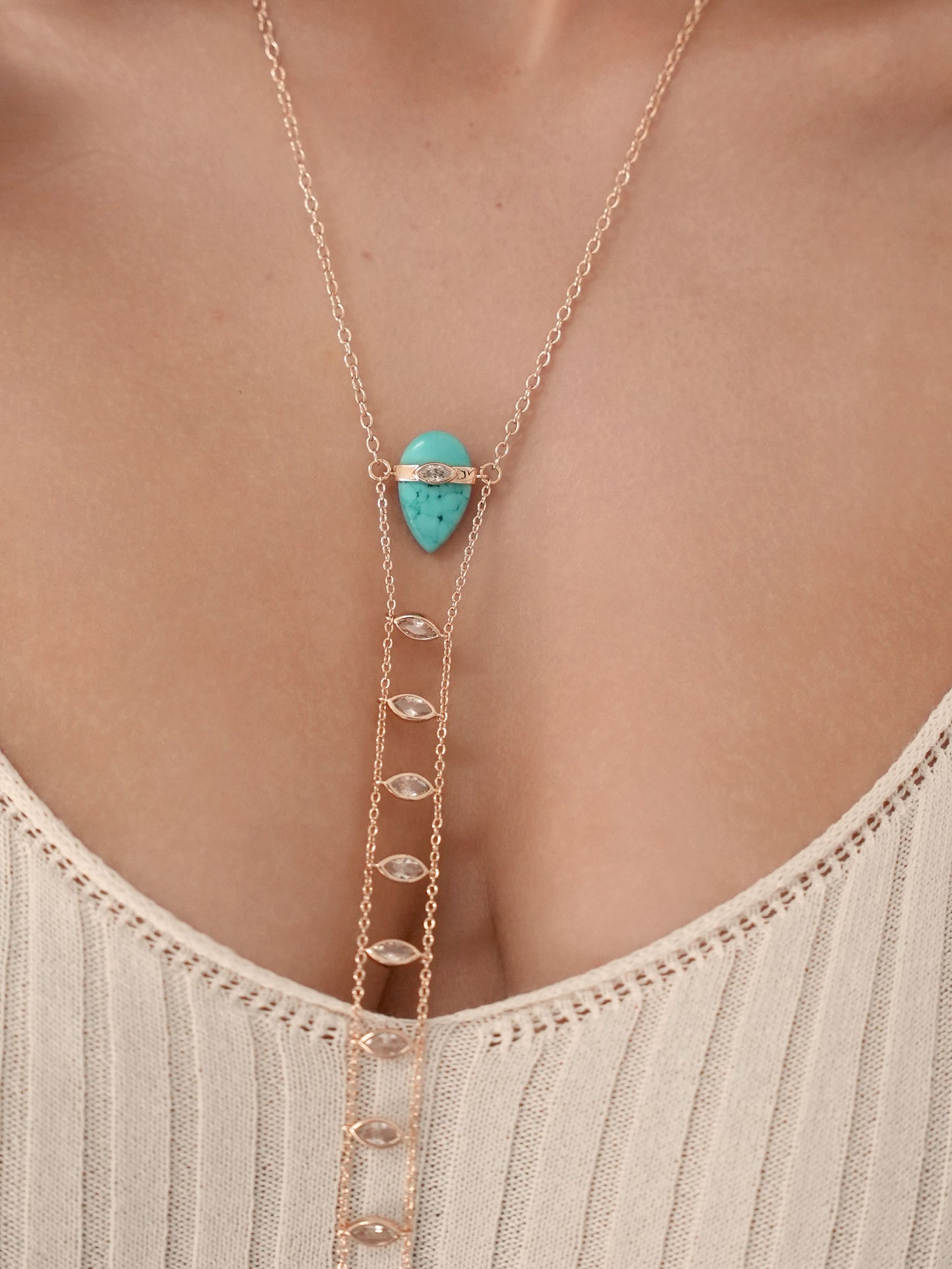 Turquoise Solstice Body Chain on model 2