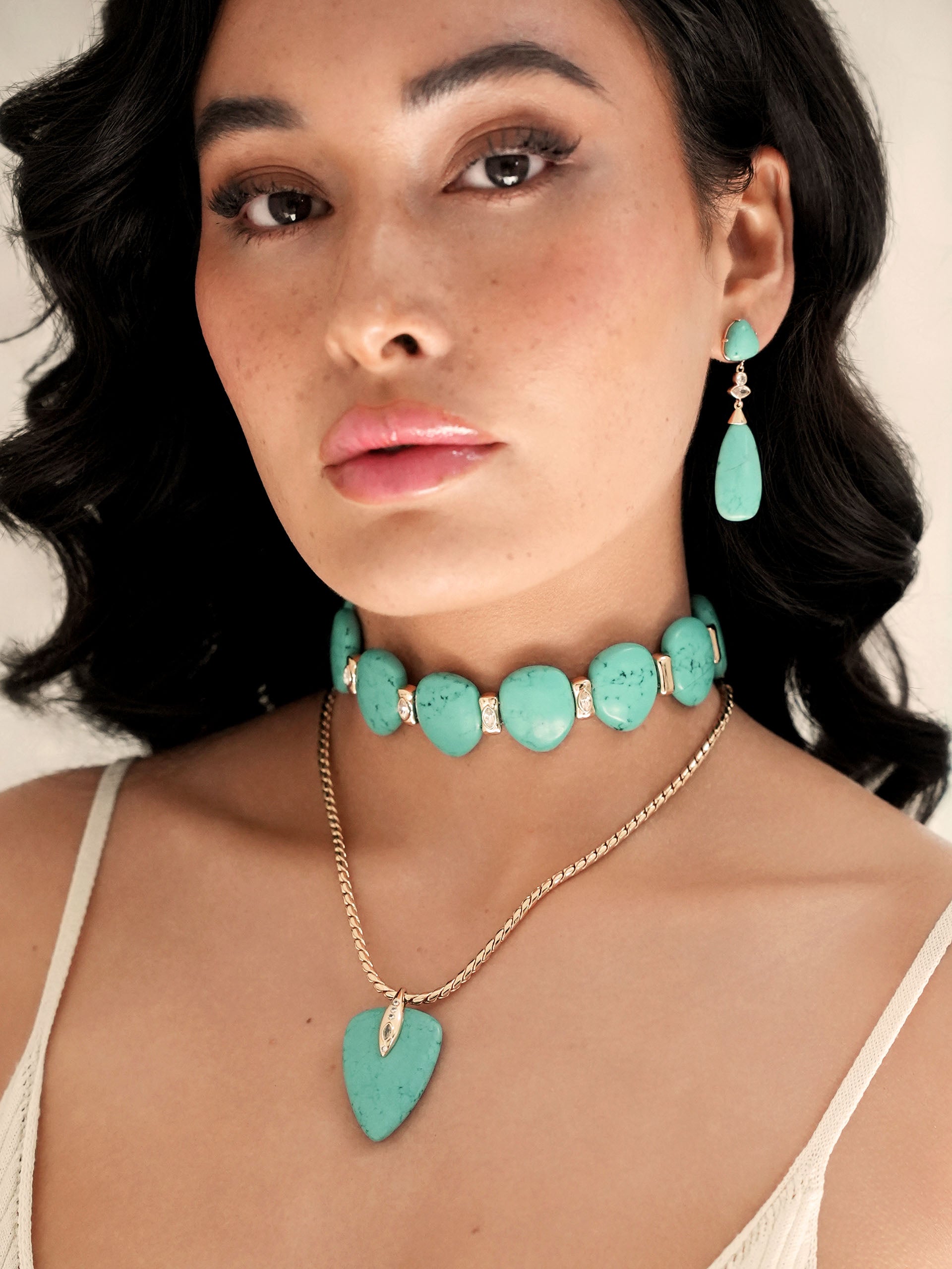 Turquoise Solstice Drop Earrings on model 2