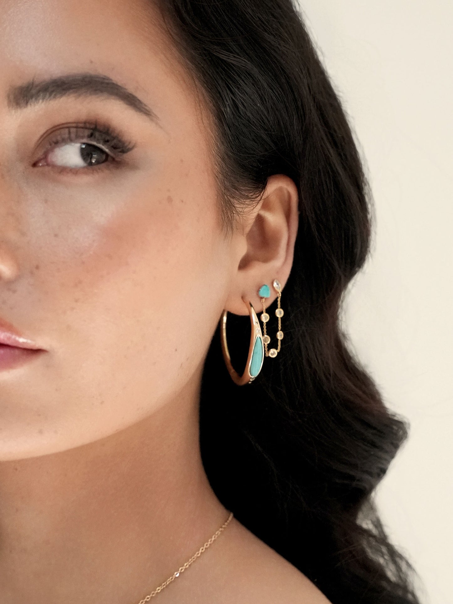 Double Piercing Turquoise Earrings on model 2