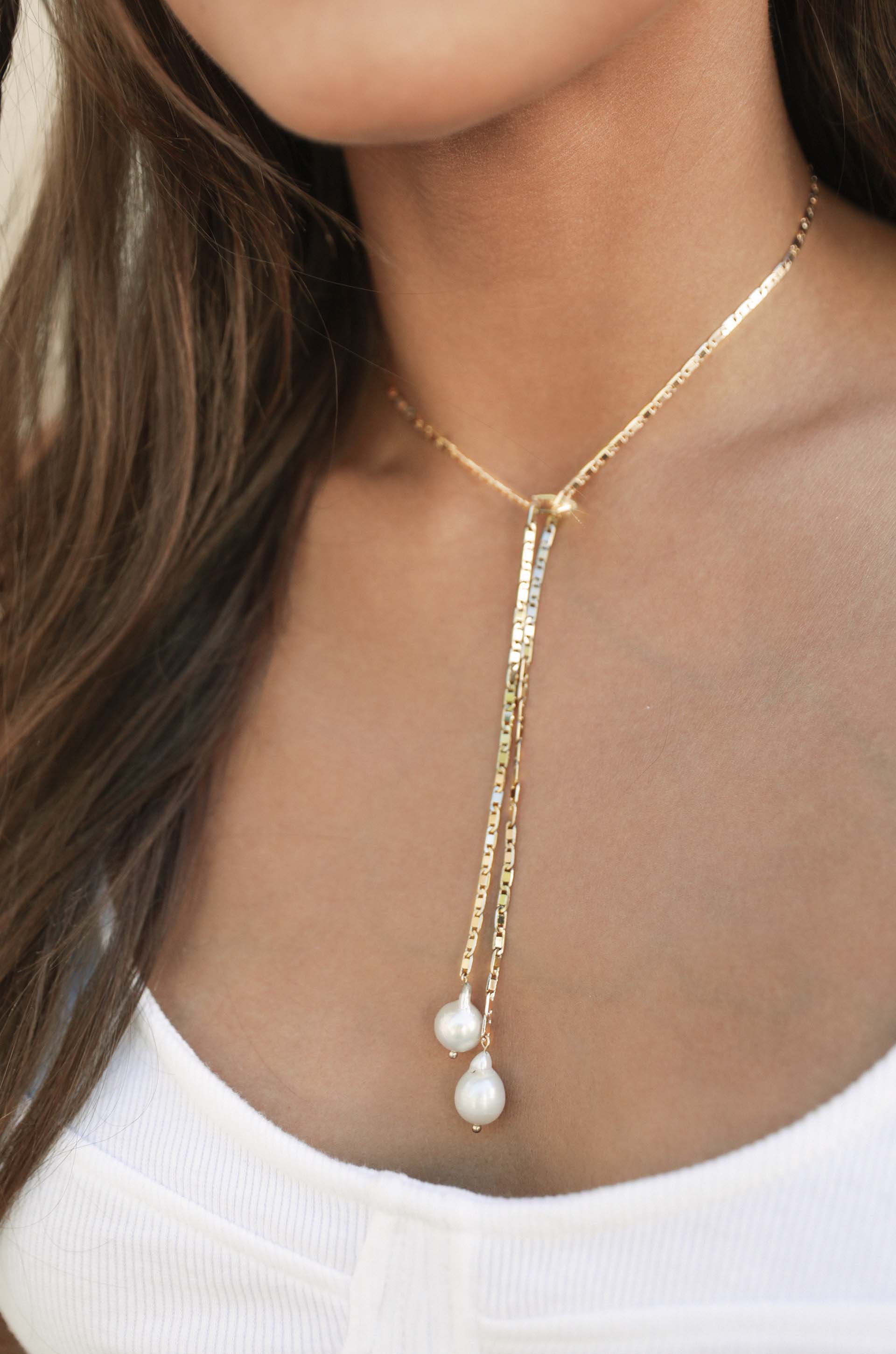 Minimalist 18k Gold Plated Chain and Freshwater Pearl Bolo Lariat Necklace