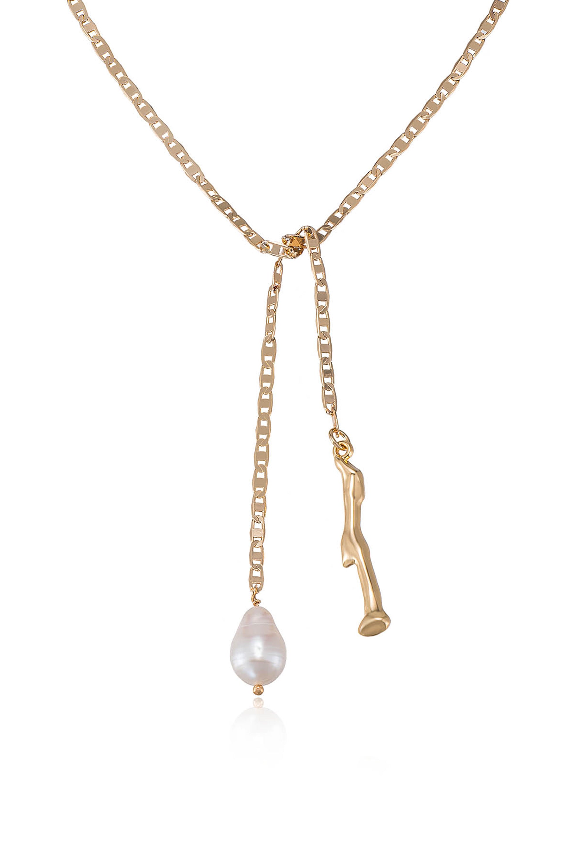 Freshwater Pearl and Liquid Gold Bolo Chain Lariat Necklace