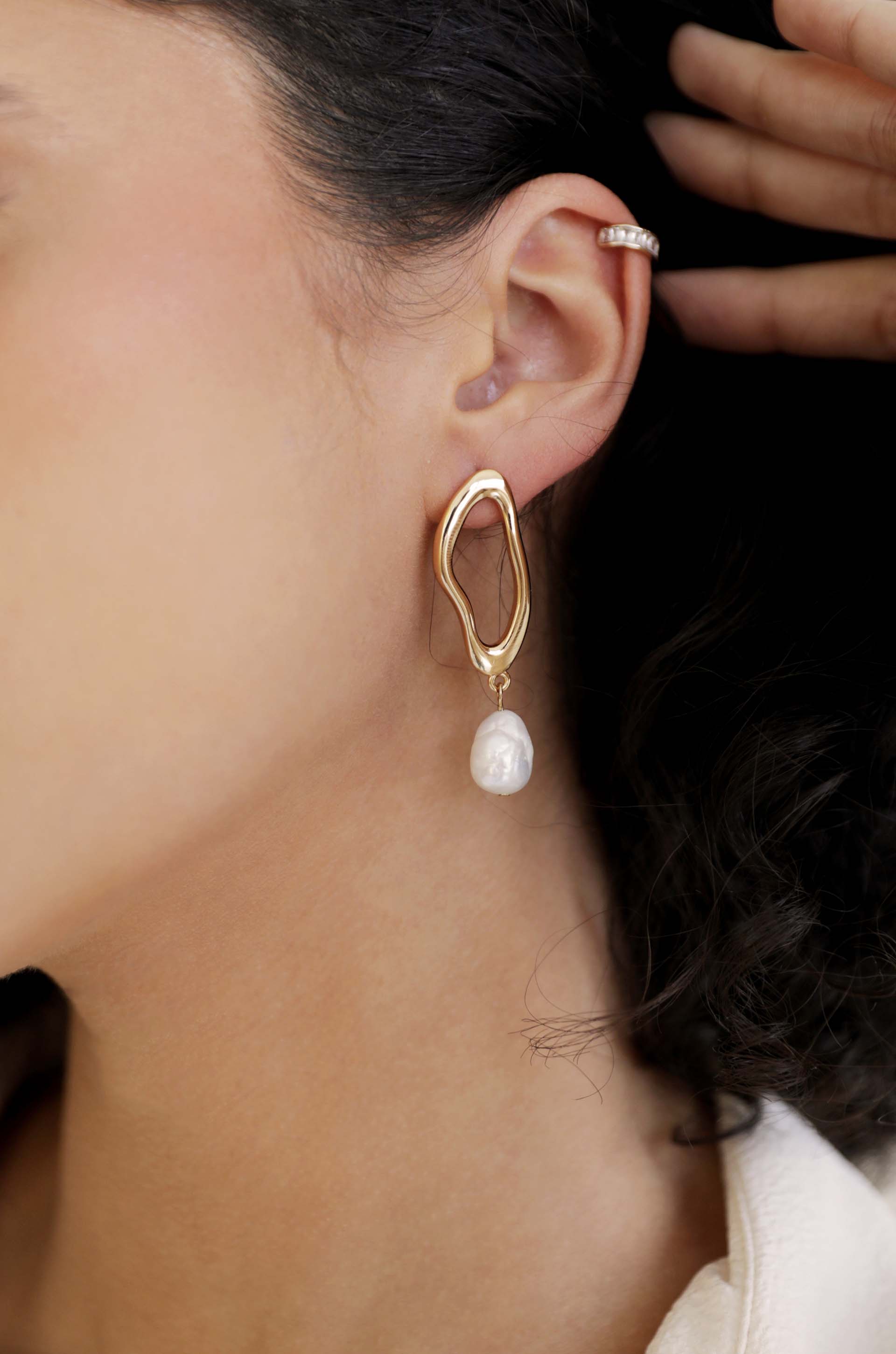 Open Circle 18k Gold Plated and Freshwater Pearl Dangle Earrings