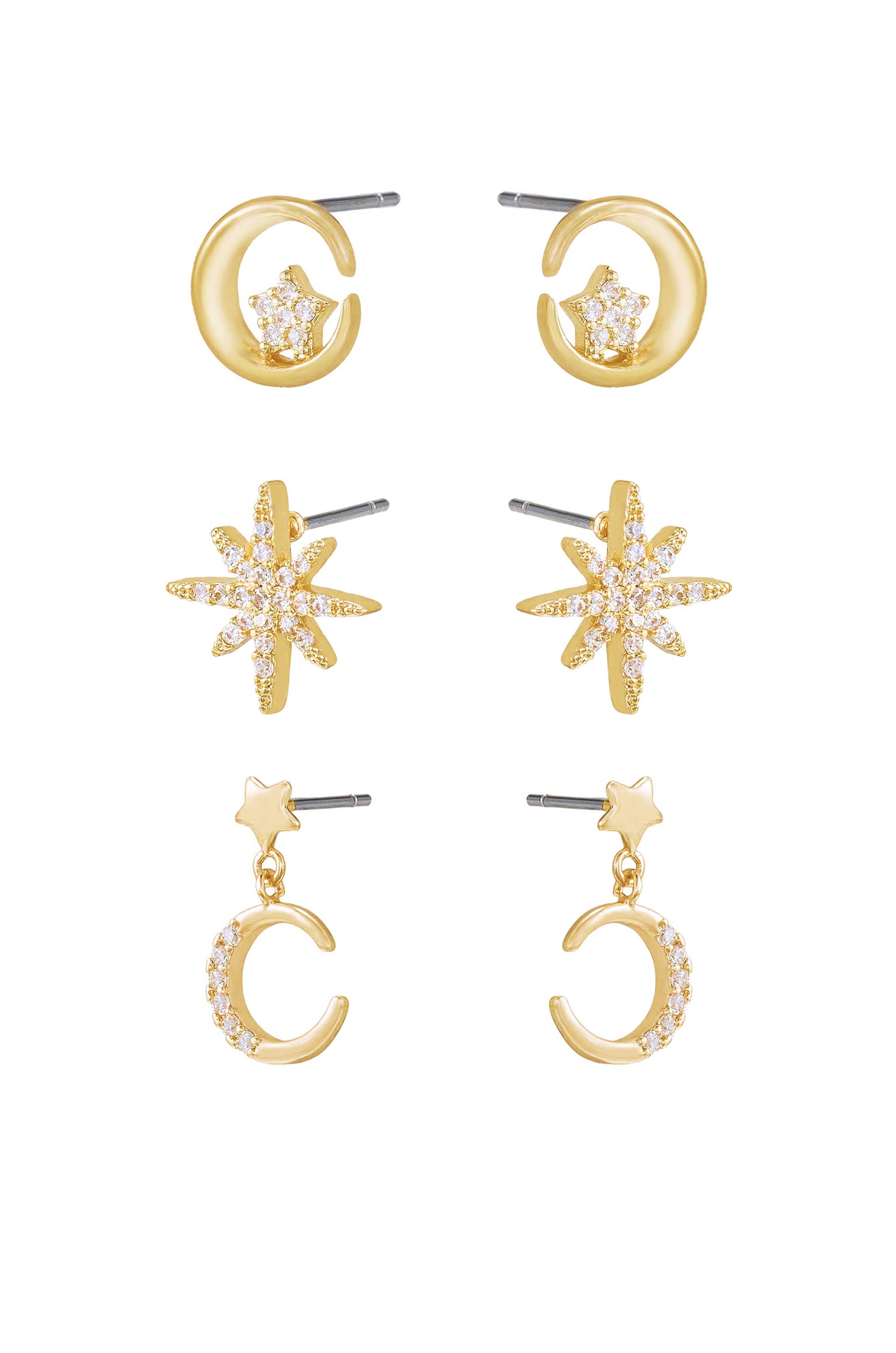 Celestial Stud and Mini Dangle 18k Gold Plated Earring Set of 3