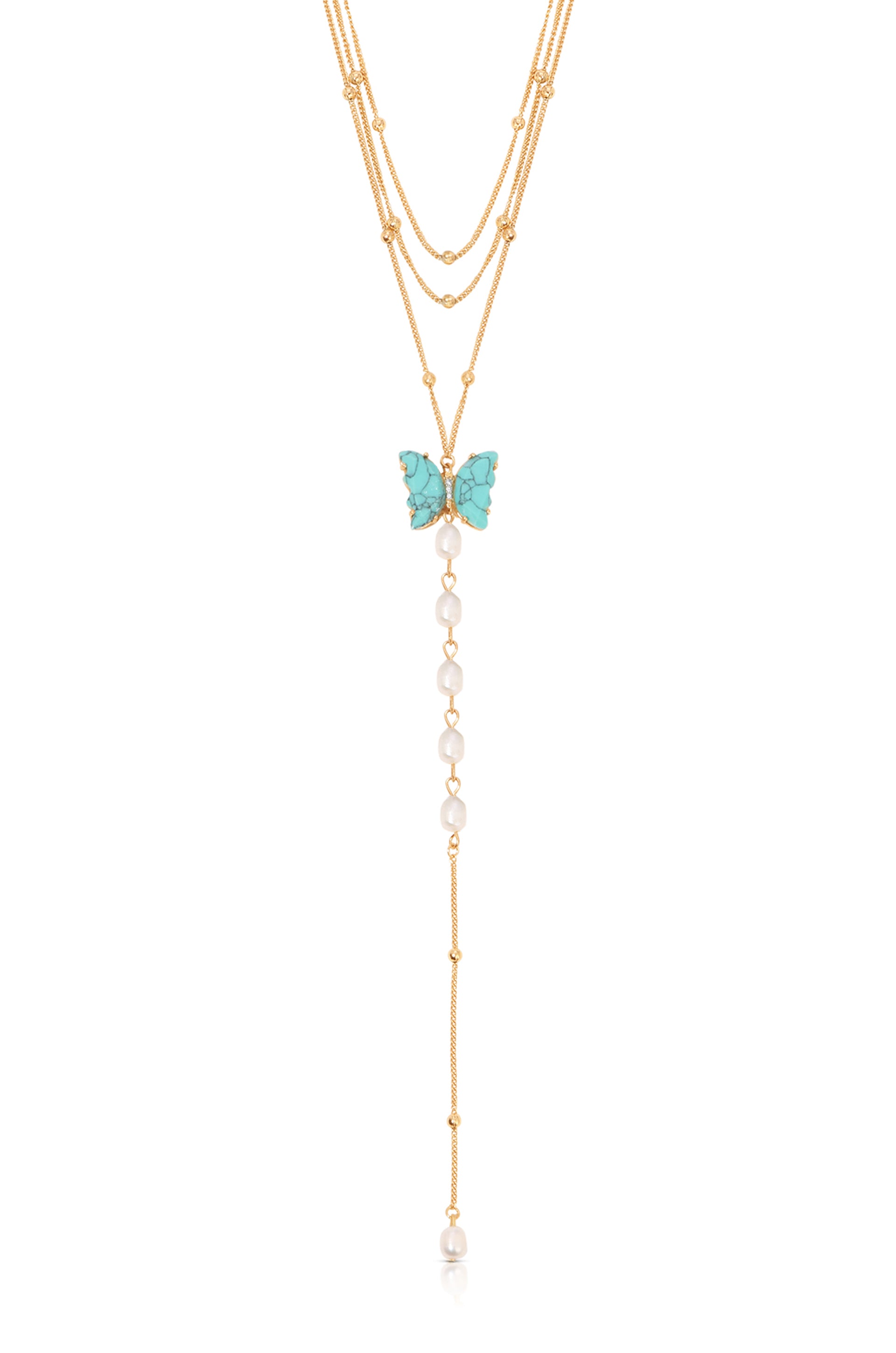 Turquoise Butterfly Pearl Chain Lariat Necklace