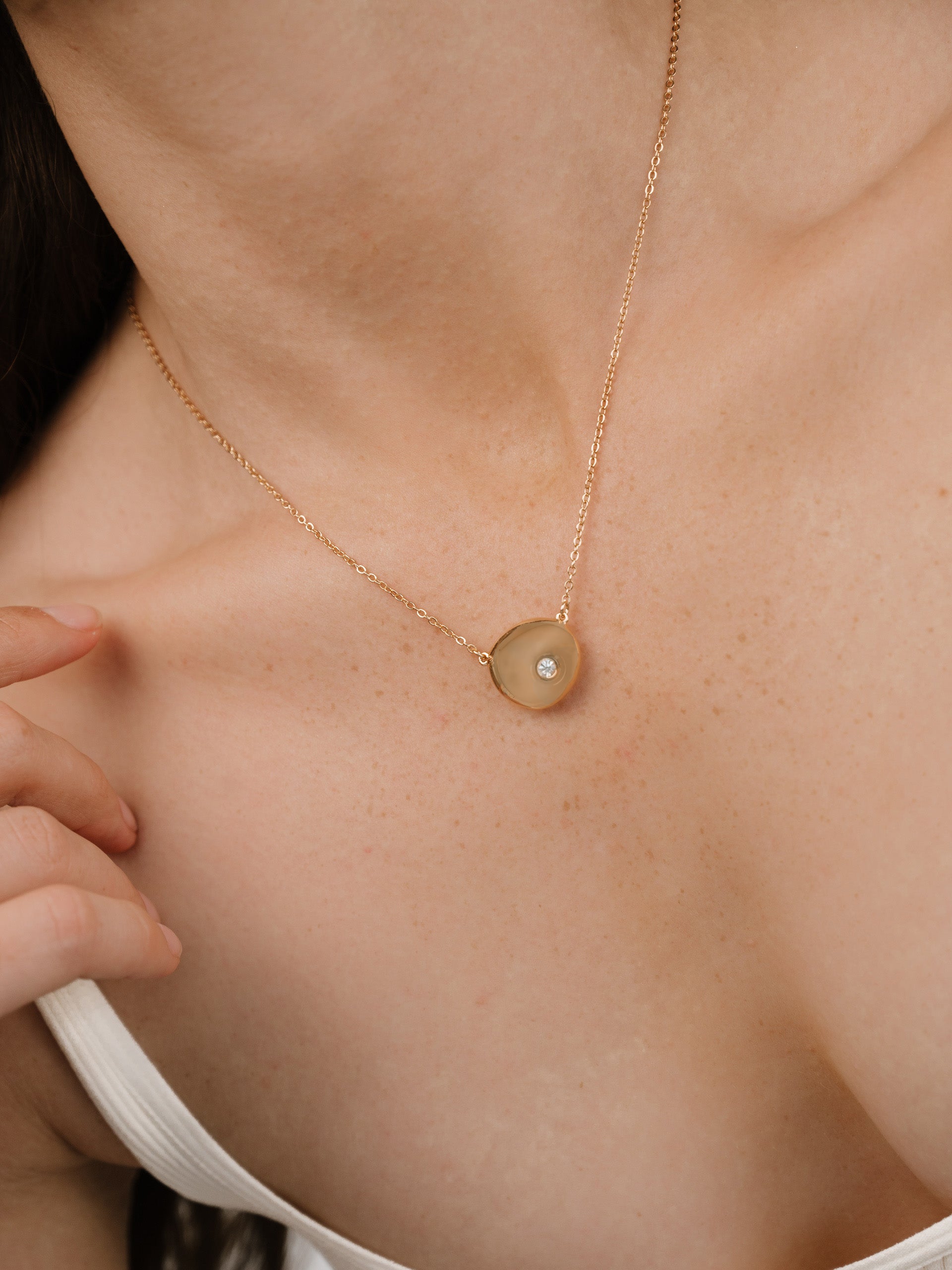 Polished Pebble Pendant Necklace on model 4