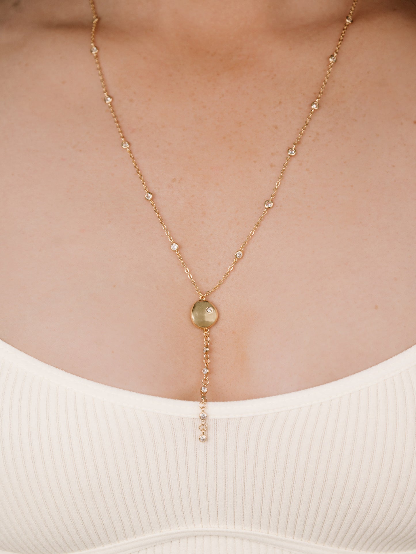 Polished Pebble Crystal Chain Lariat on model