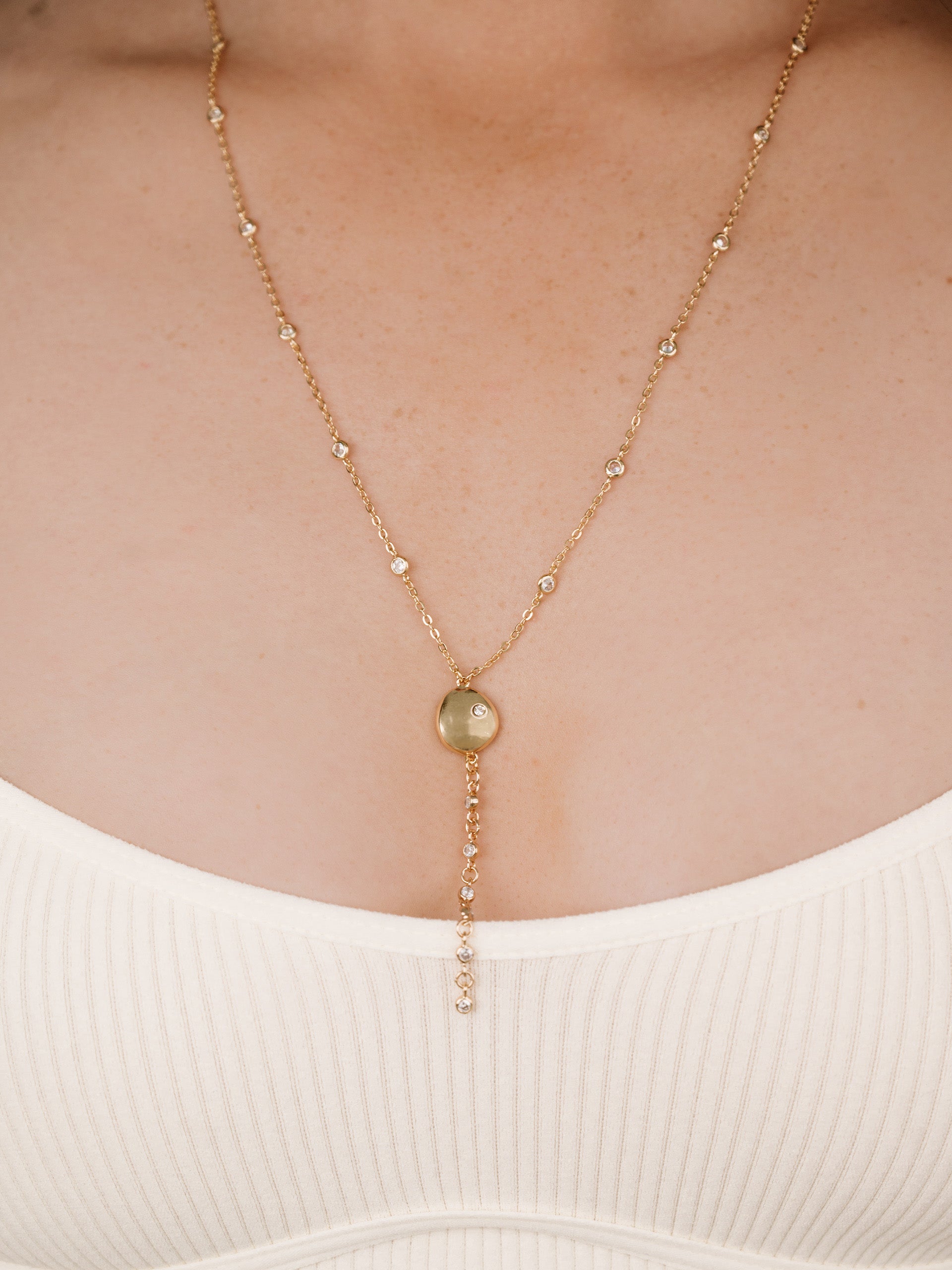 Polished Pebble Crystal Chain Lariat on model