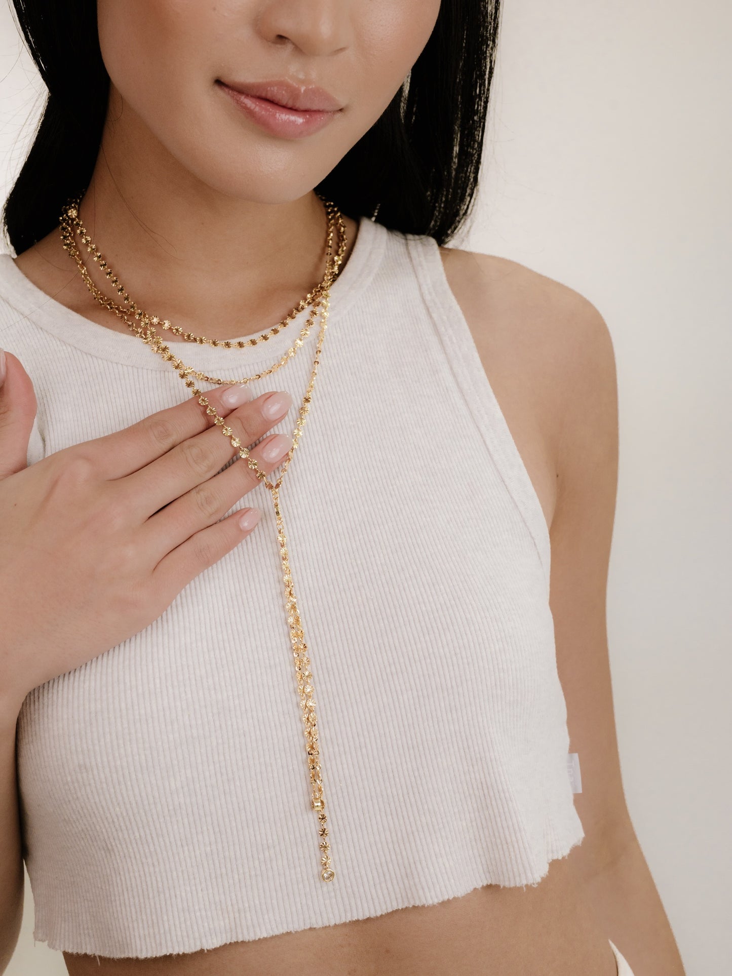 Royal Layered Chain Lariat Necklace on model 