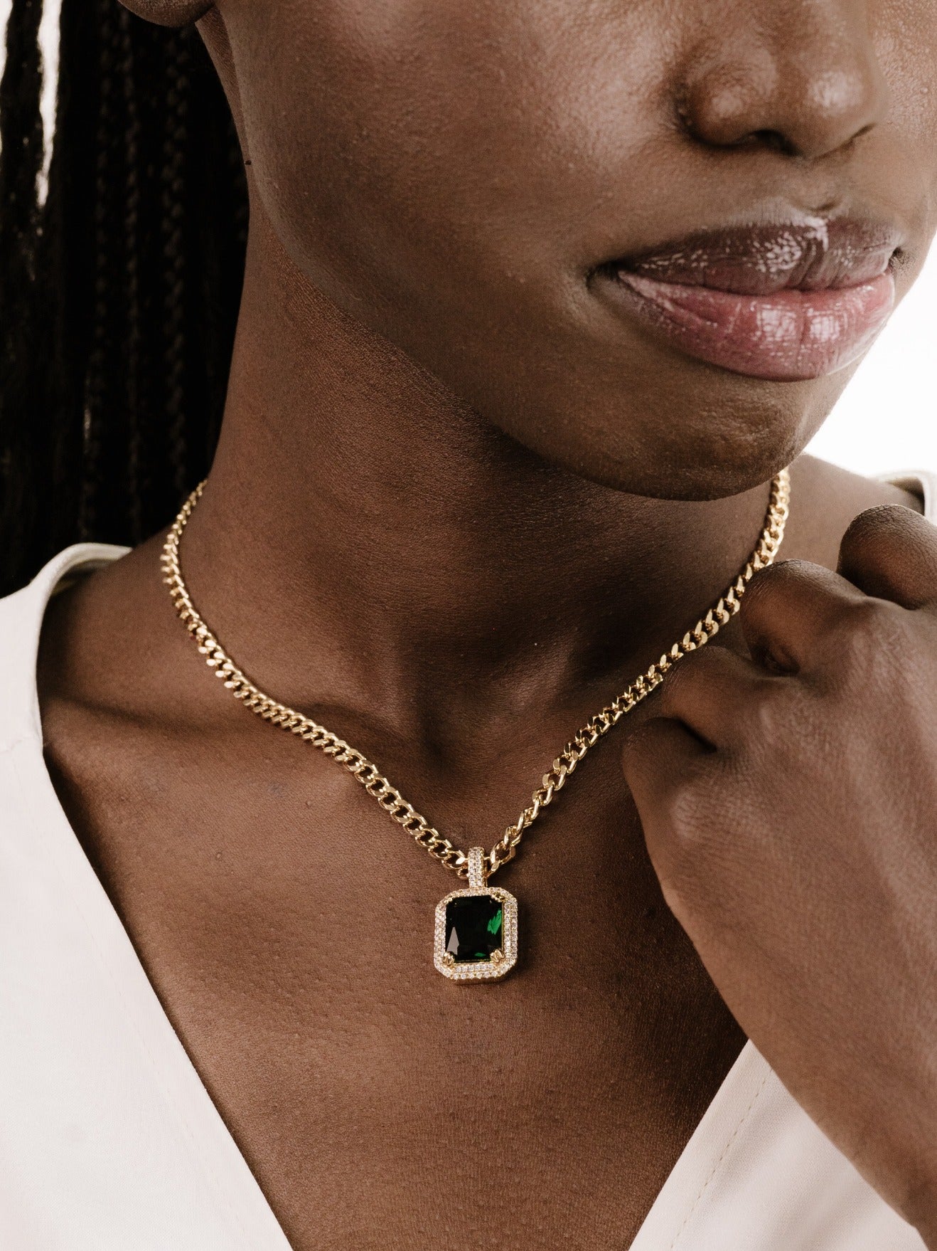 Emerald Stone Pendant Link Necklace on model 3