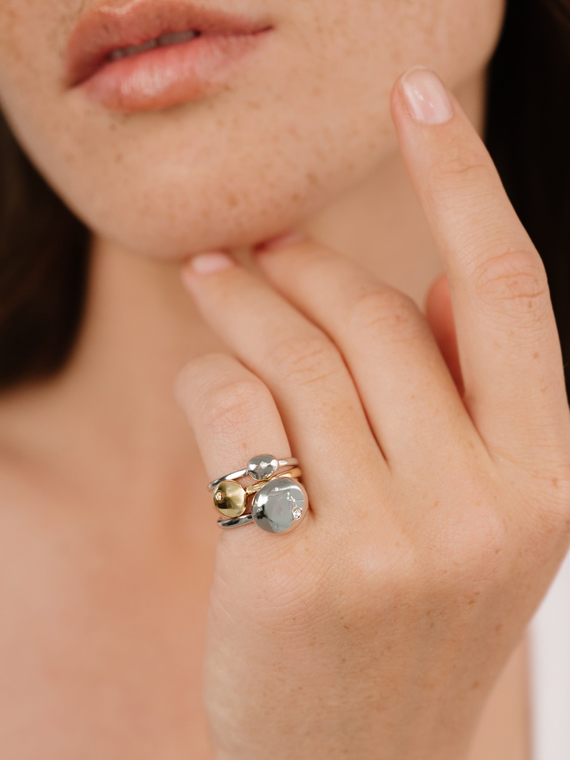 Polished Stacking Pebble Ring Set on model 2