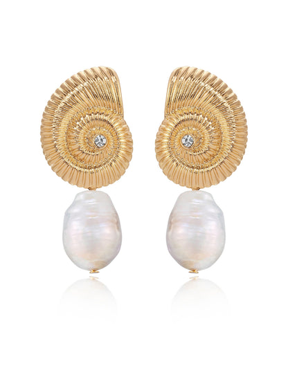 Nautilus Shell Freshwater Pearl Dangle Earrings
