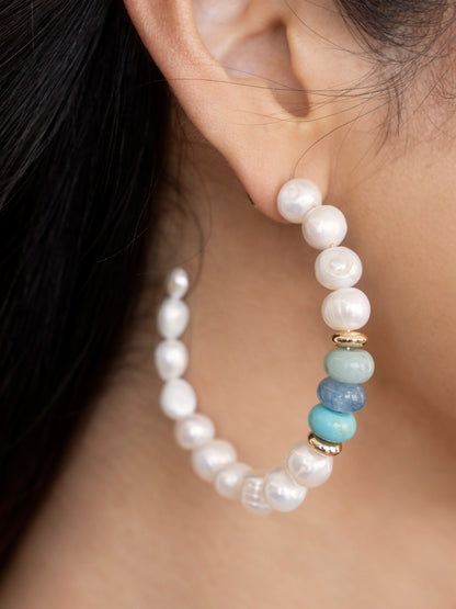 Beach Day Pearl and Blue Gemstone Hoop Earrings on model2