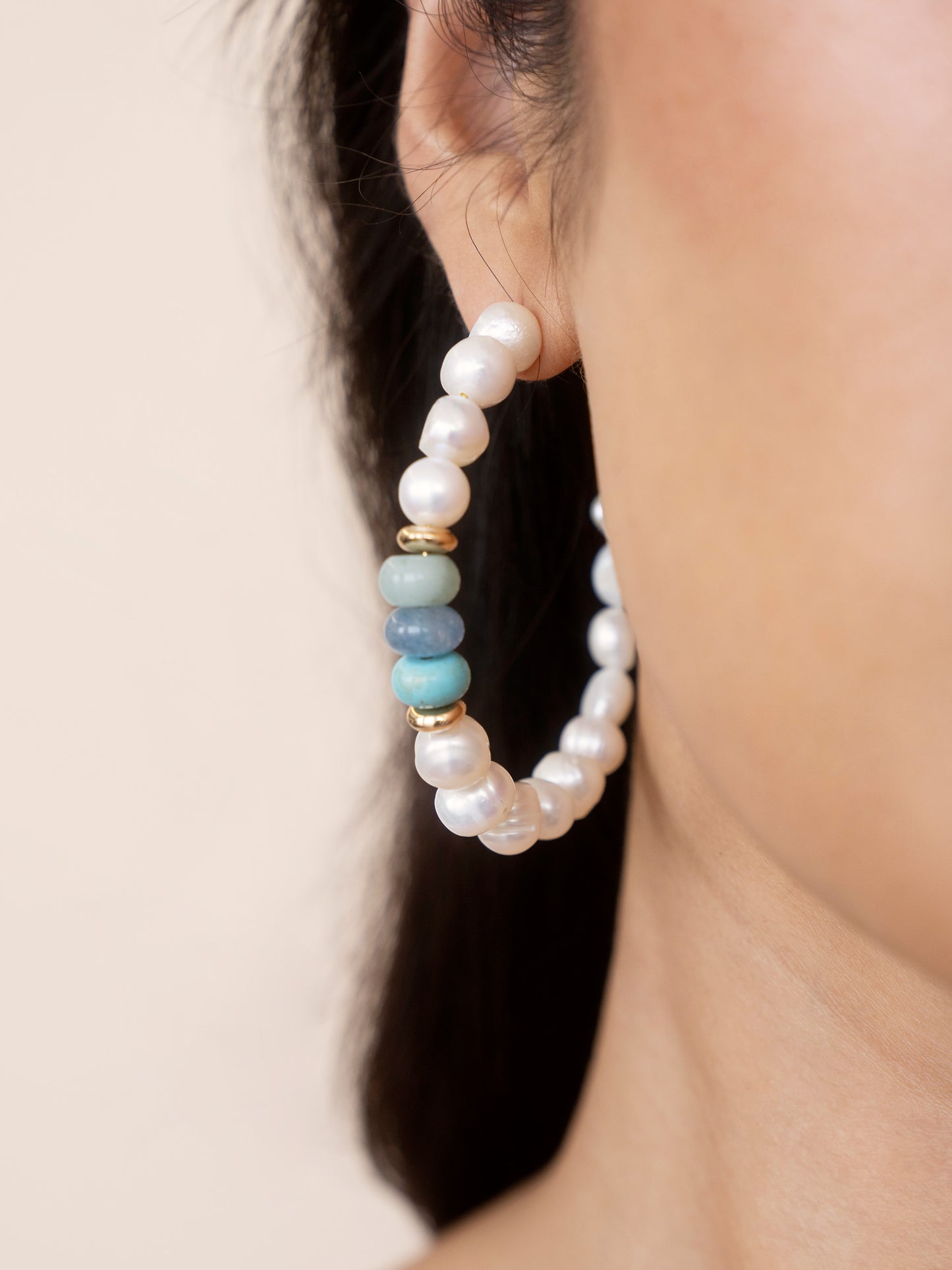 Beach Day Pearl and Blue Gemstone Hoop Earrings on model 3