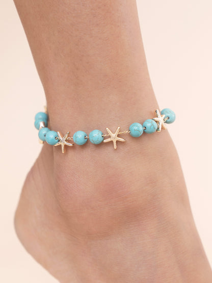 Starfish and Turquoise Beaded Anklet on model 3