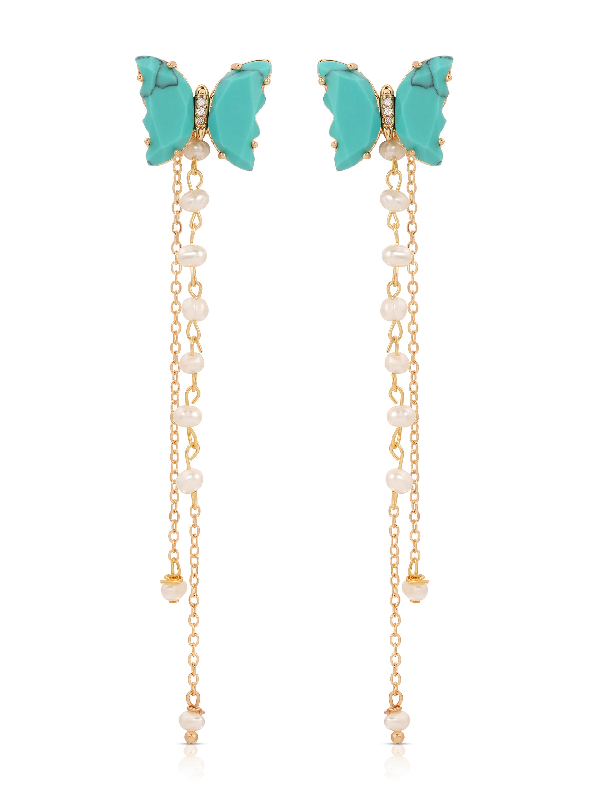 Turquoise Butterfly Pearl Chain Dangle Earrings