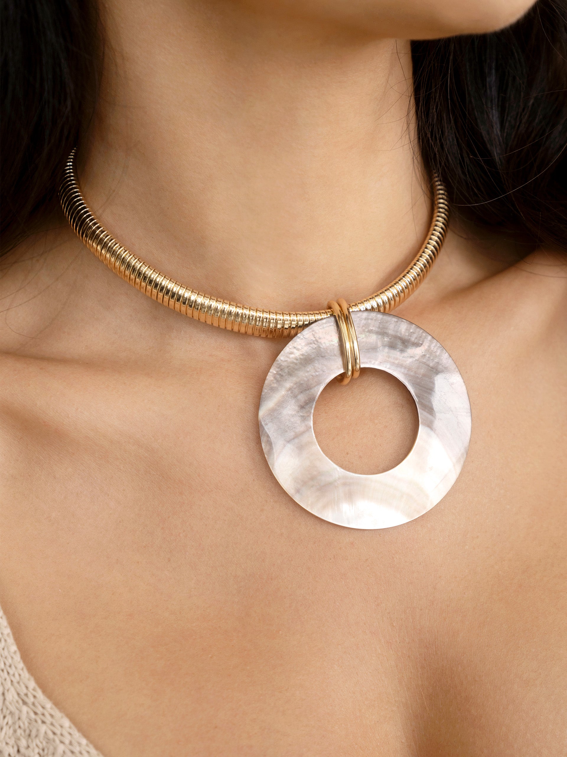 Shell Open Circle Pendant Flex Chain Necklace on model