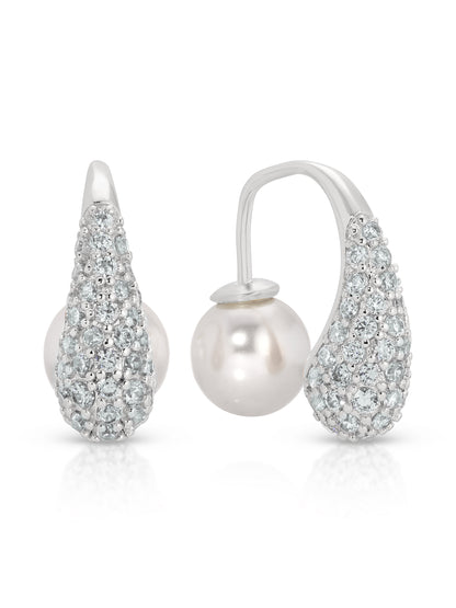 Hooked Pavé and Pearl Earrings in rhodium side