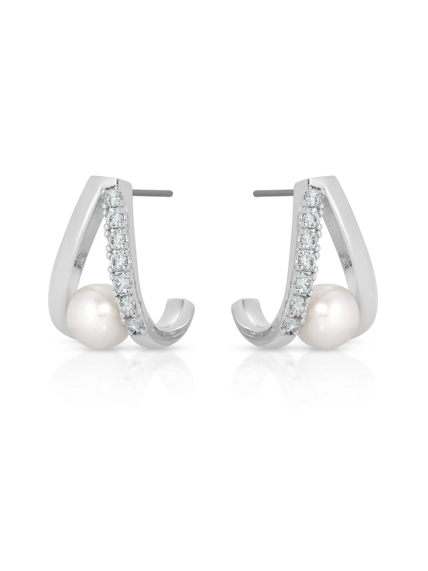 Pavé and Pearl Earrings in rhodium side view