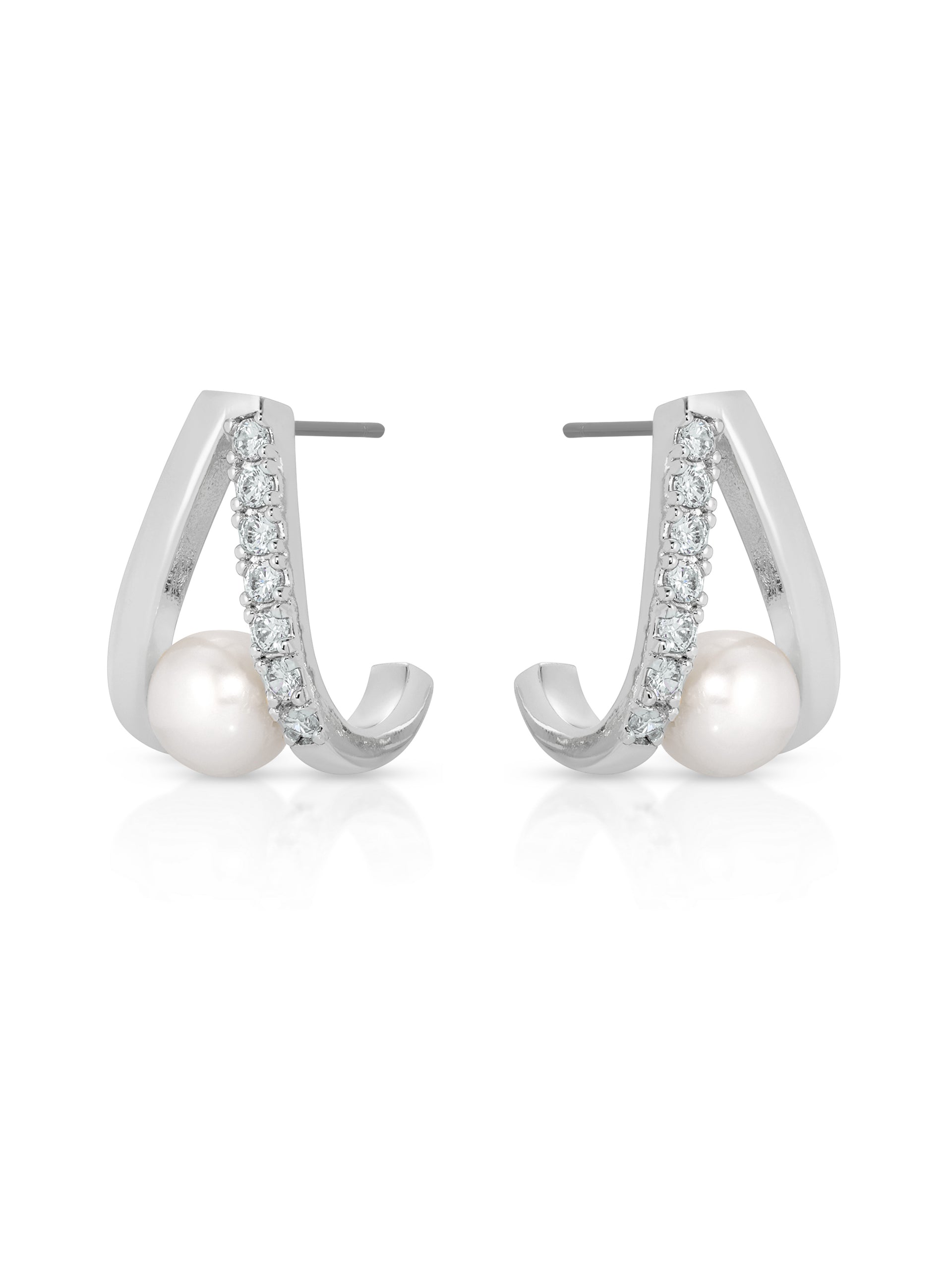 Pavé and Pearl Earrings in rhodium side view