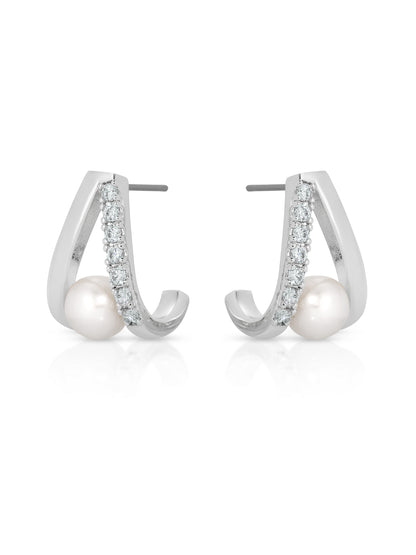 Pavé and Pearl Earrings in rhodium side view