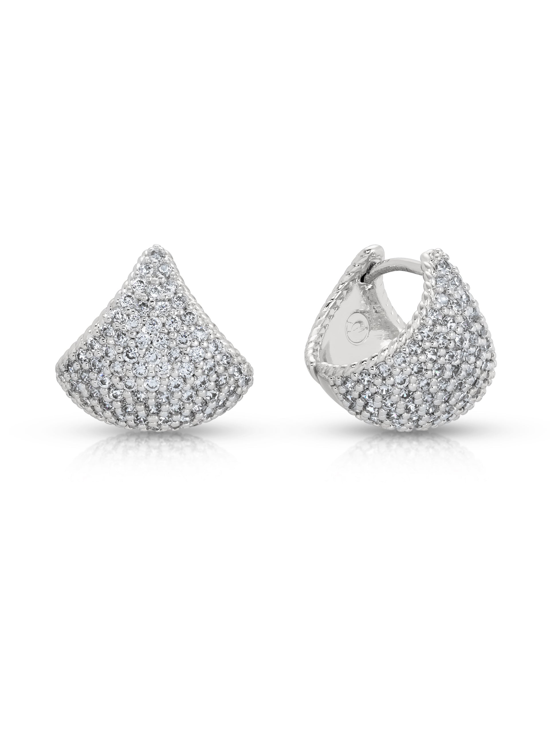 Pavé Encrusted Huggie Hoops in rhodium side views