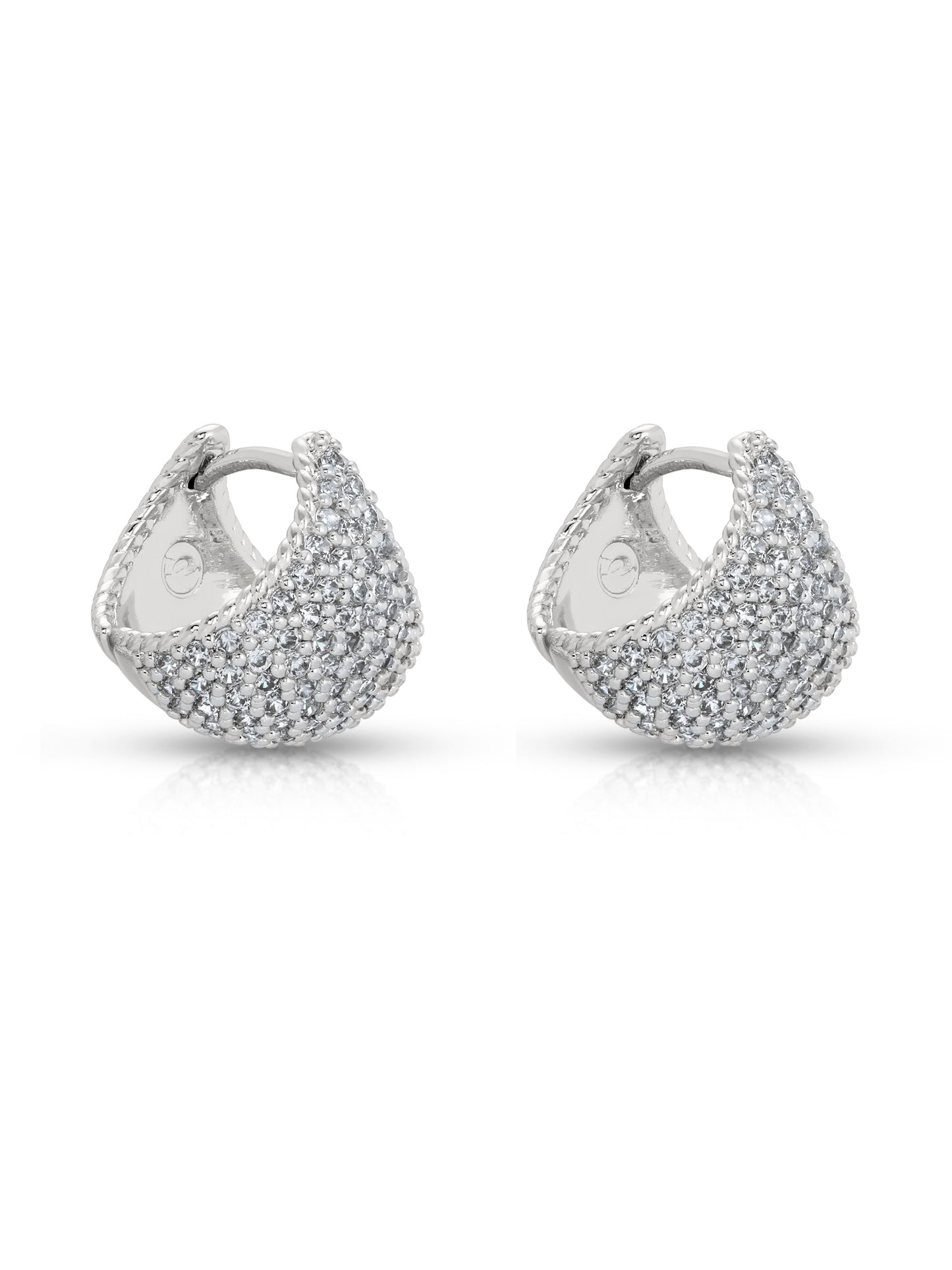 Pavé Encrusted Huggie Hoops in rhodium side