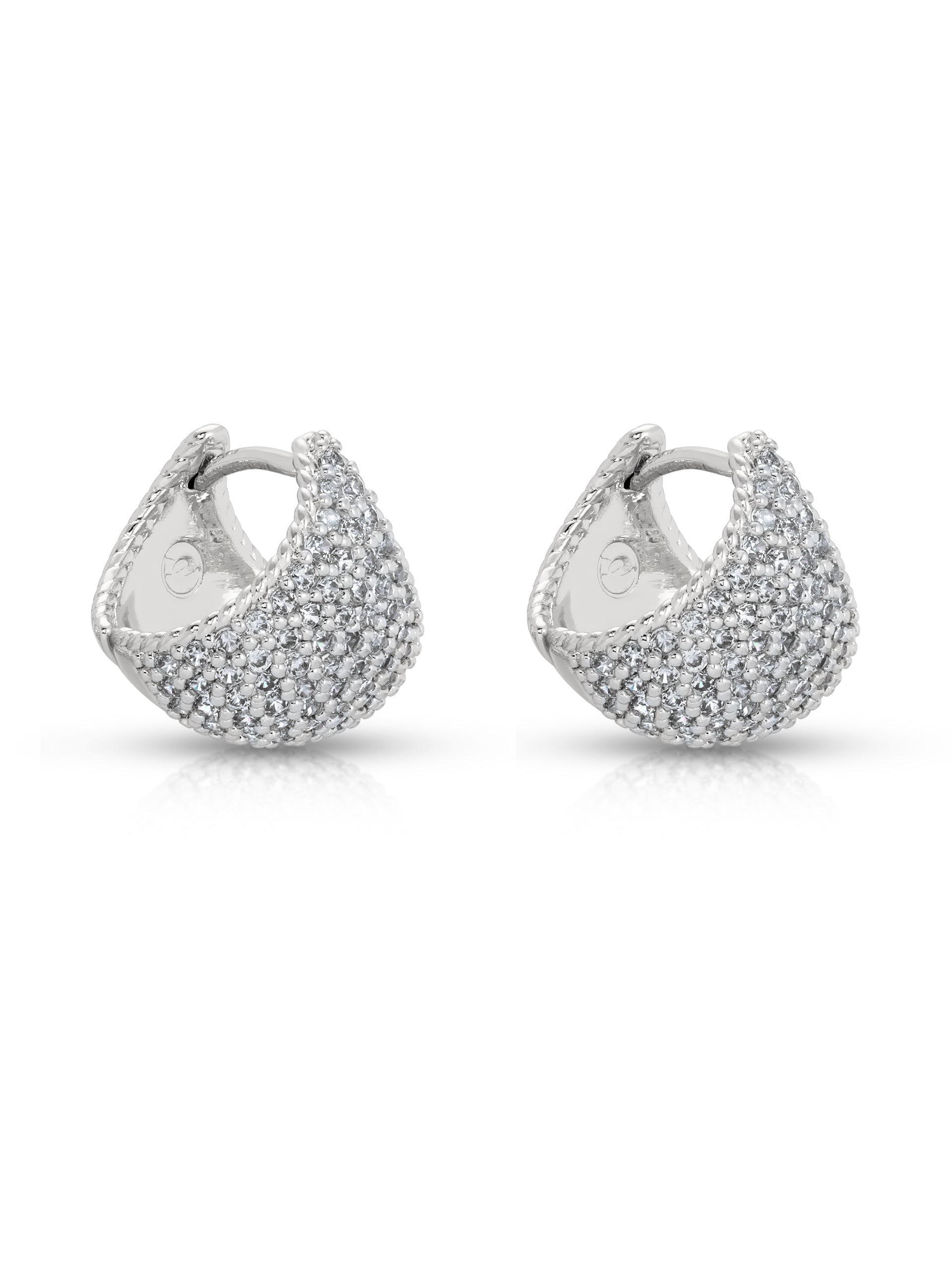 Pavé Encrusted Huggie Hoops in rhodium side