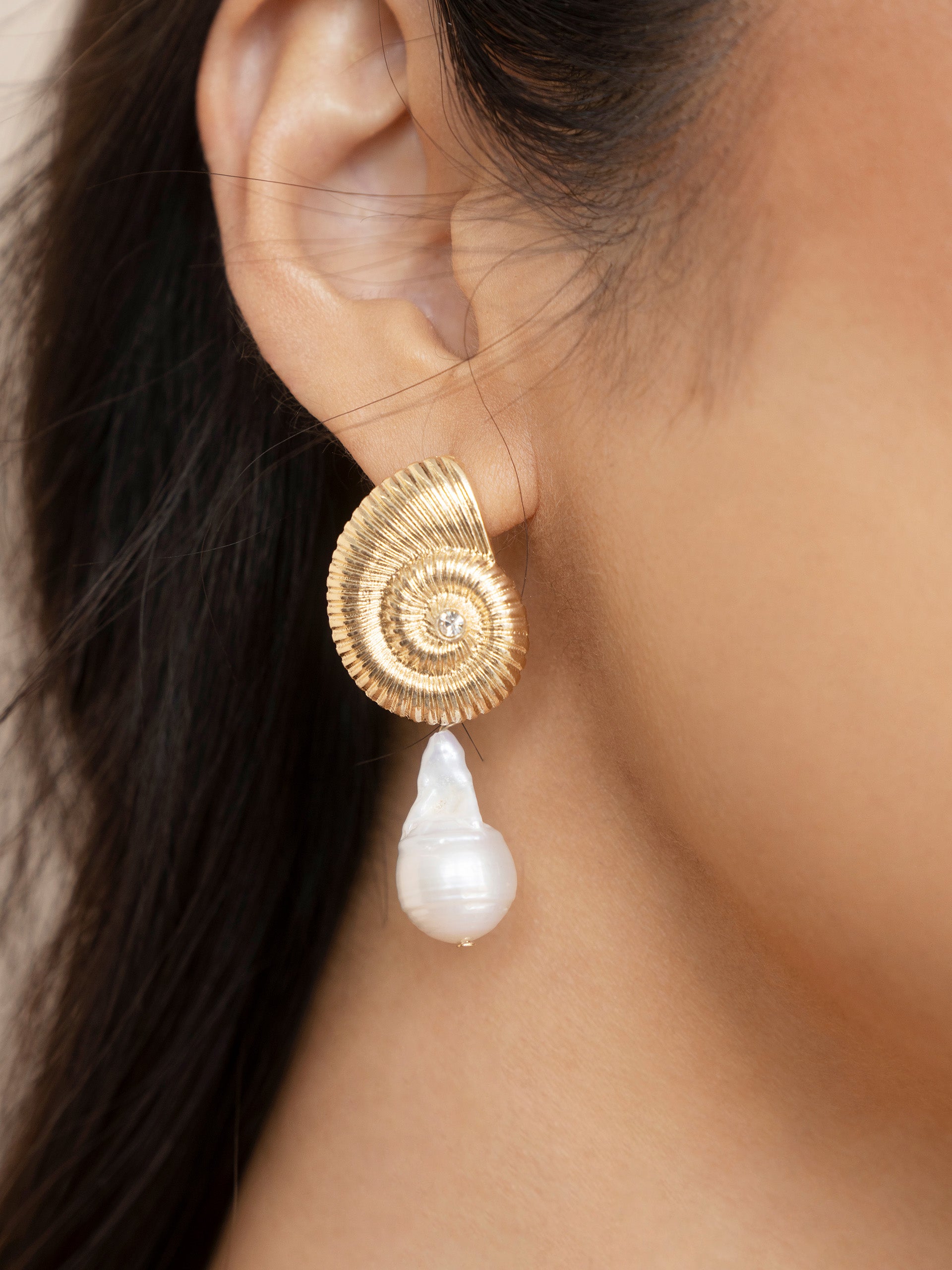 Nautilus Shell Freshwater Pearl Dangle Earrings on model