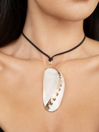 Iridescent Mussel Shell Pendant Necklace on model