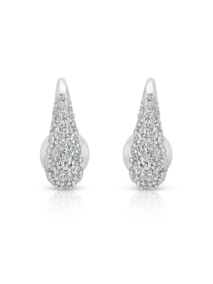 Hooked Pavé and Pearl Earrings in rhodium