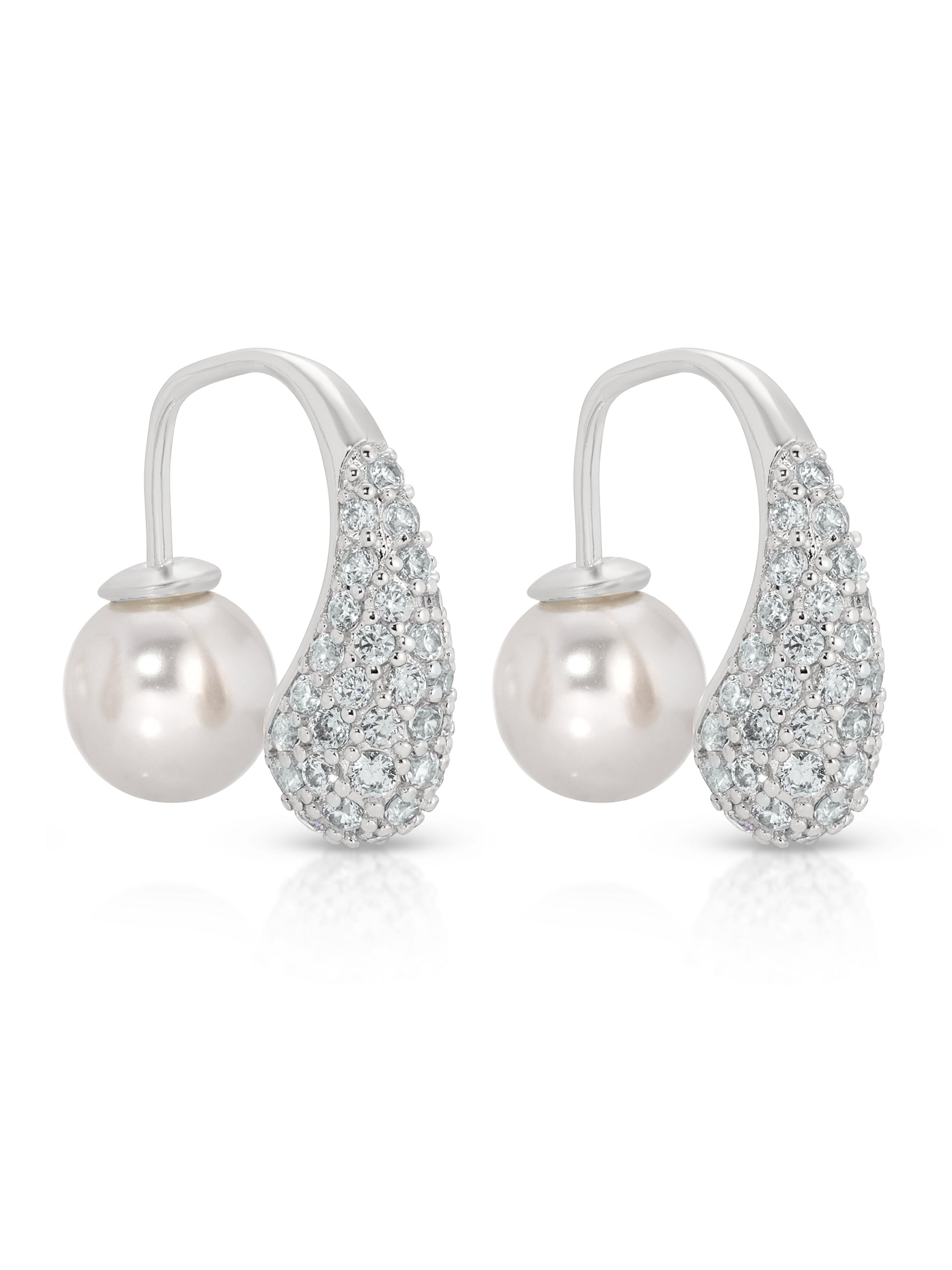 Hooked Pavé and Pearl Earrings in rhodium side views