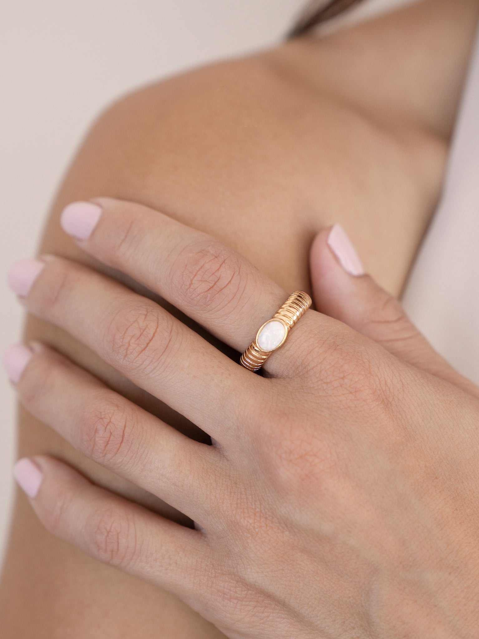 Opal Center Stone Flex Ribbed Ring on model