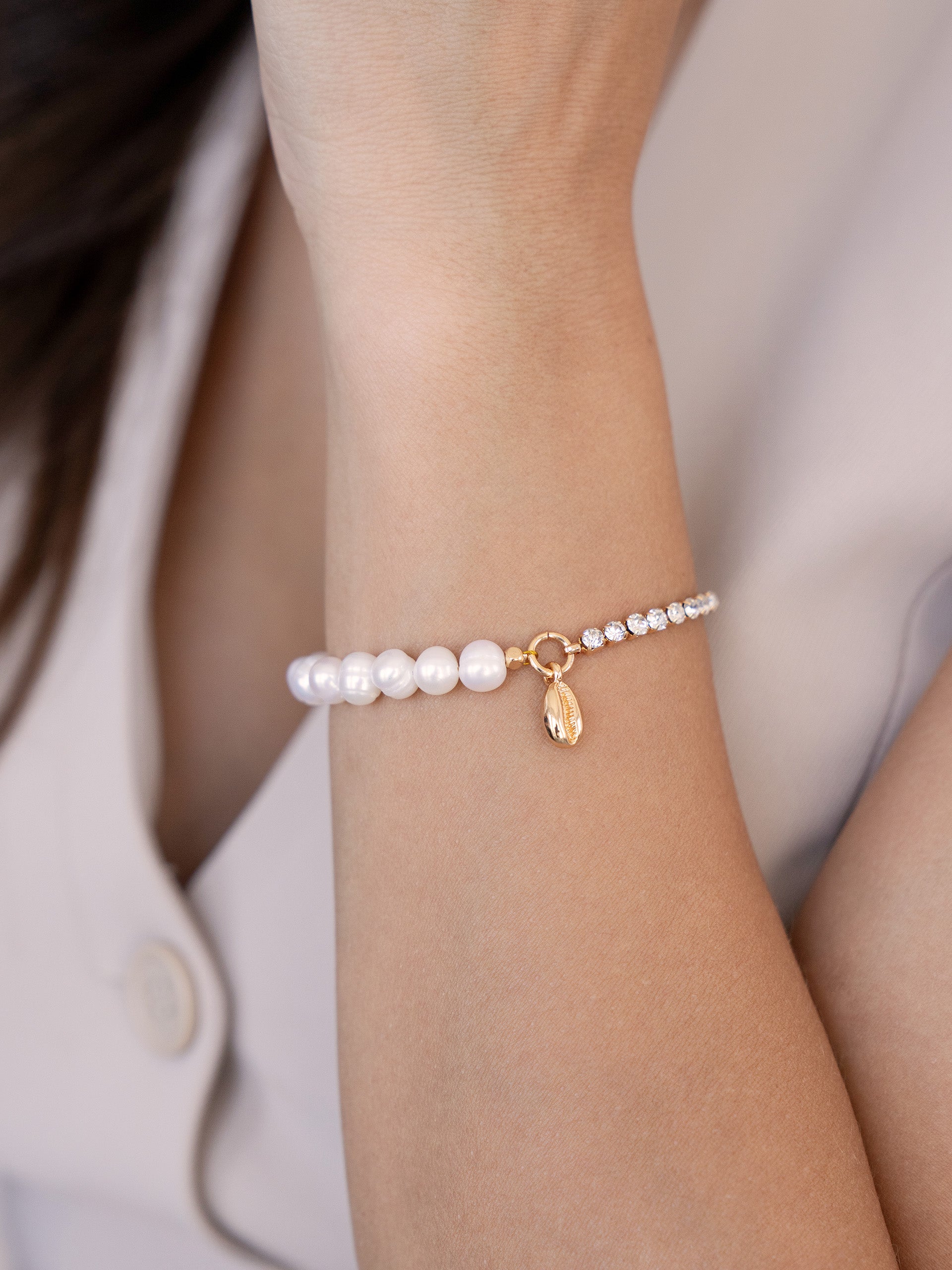 Pearl, Crystal, and Beach Shell Bracelet on model