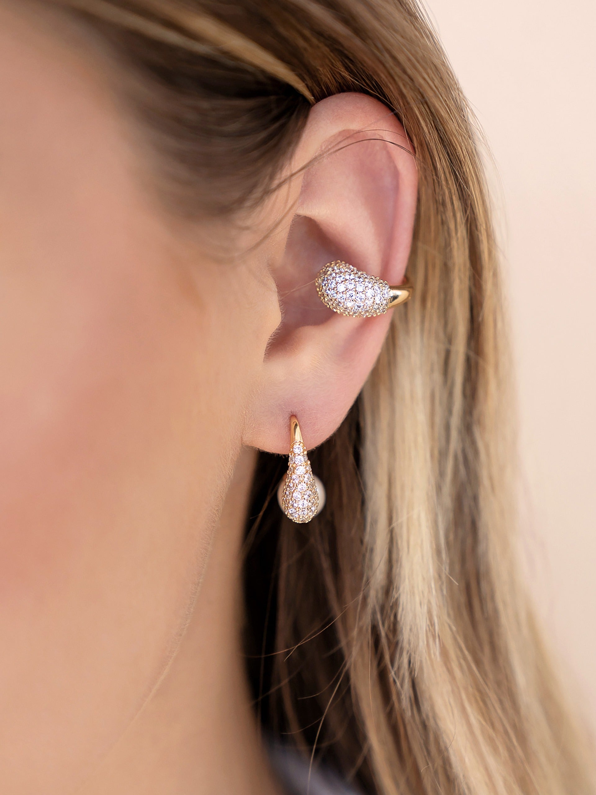 Hooked Pavé and Pearl Earrings on model 2