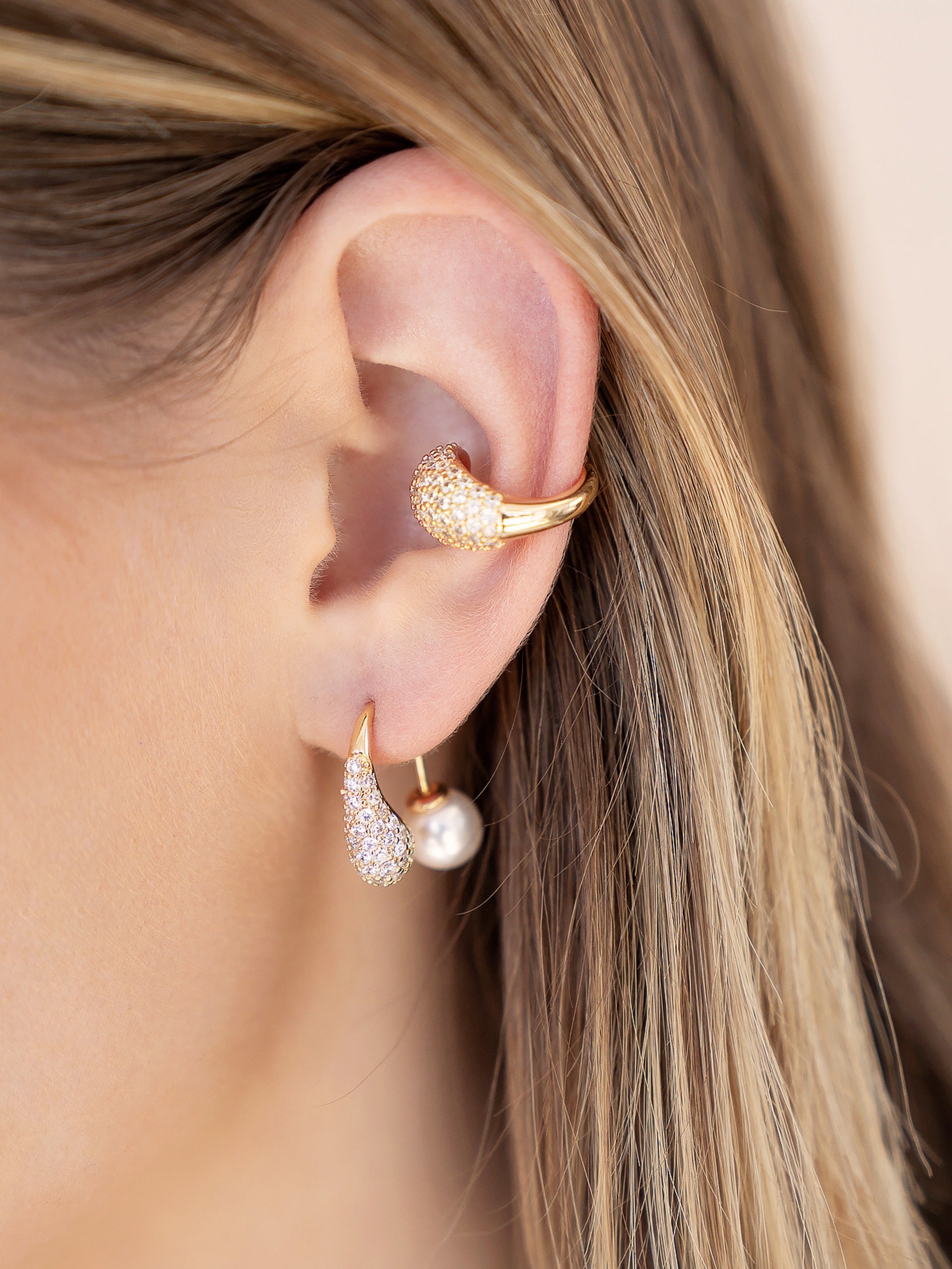 Hooked Pavé and Pearl Earrings on model