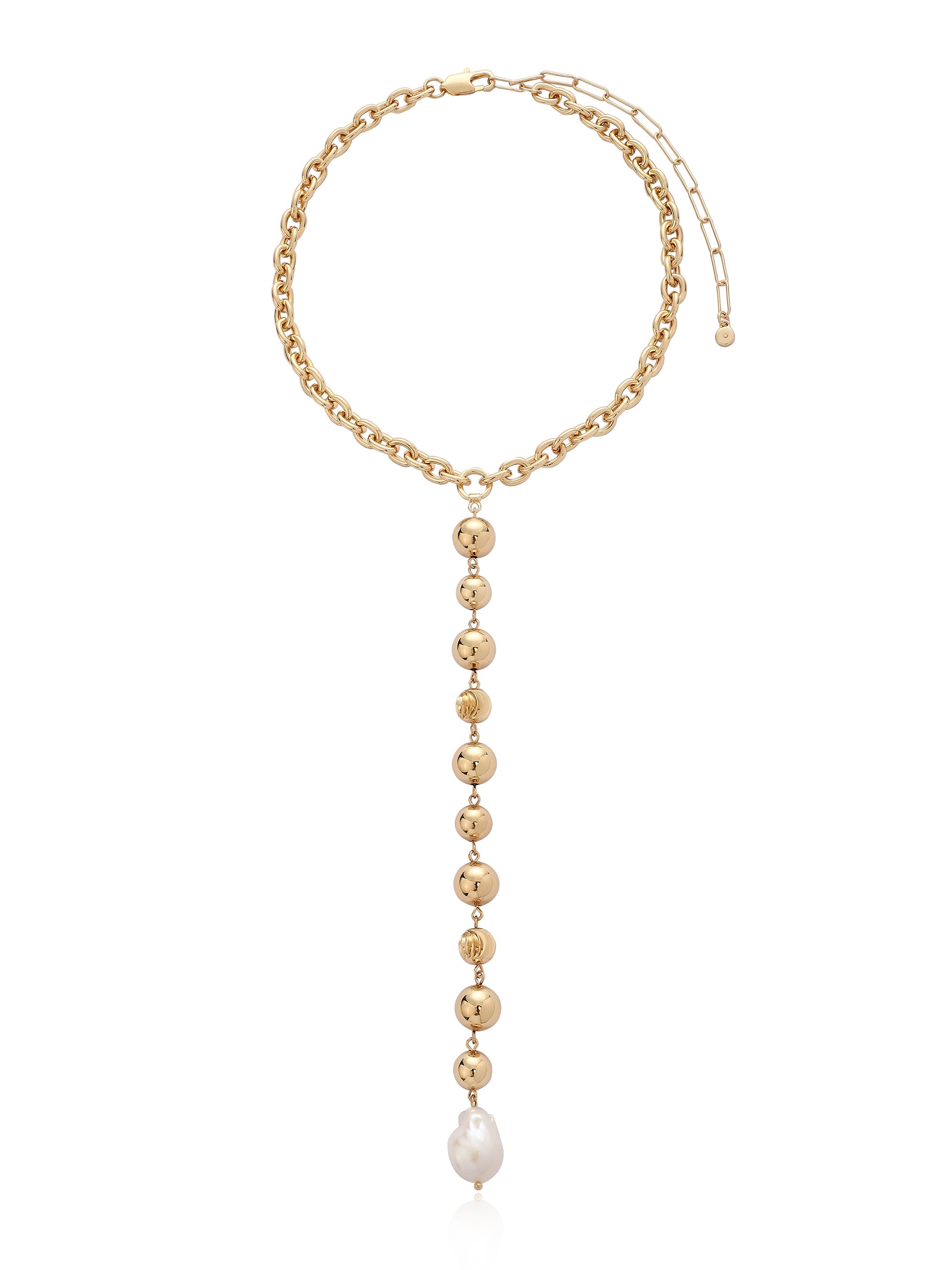 Deep Drop Pearl Lariat Necklace in gold