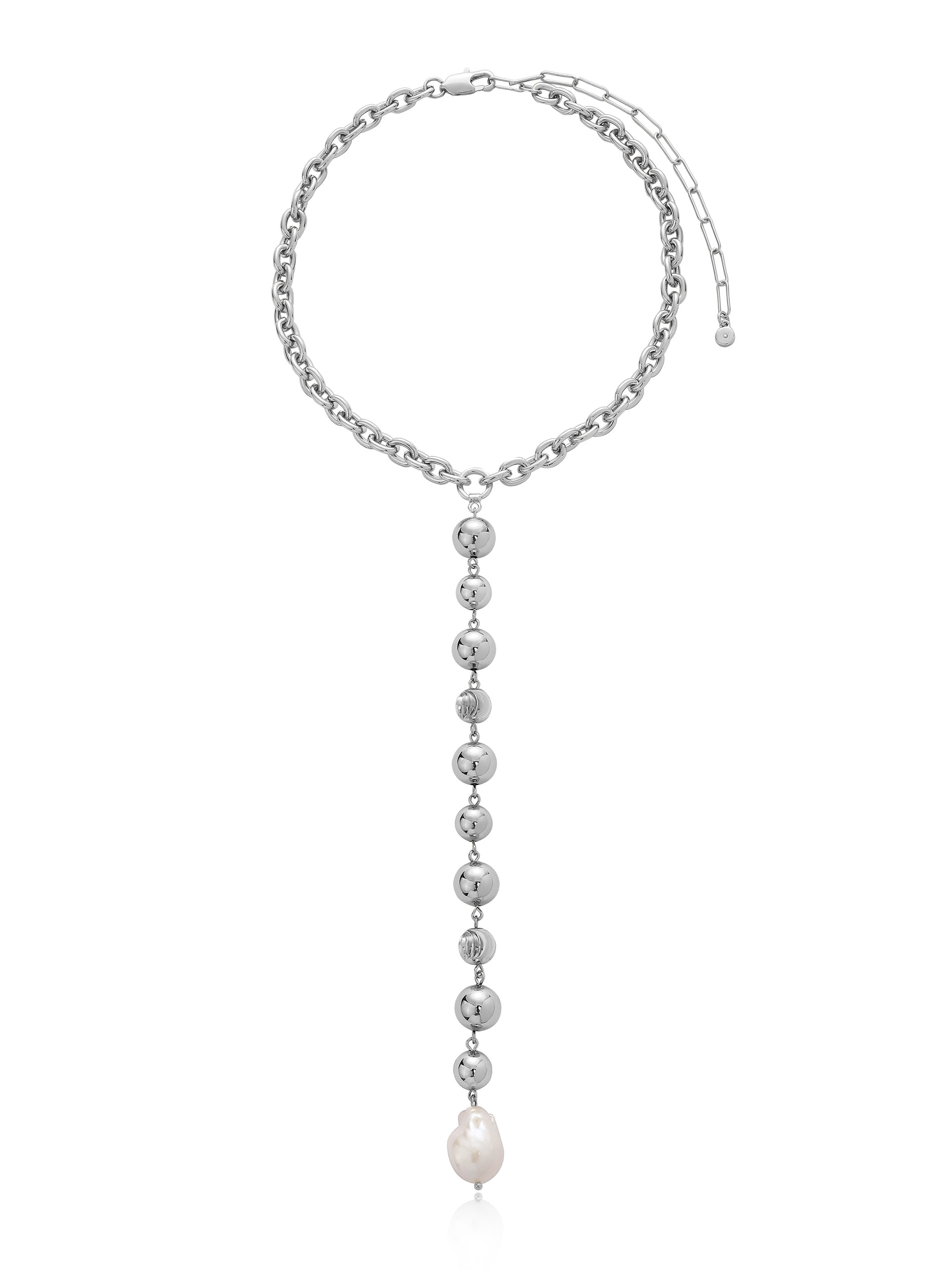 Deep Drop Pearl Lariat Necklace in silver