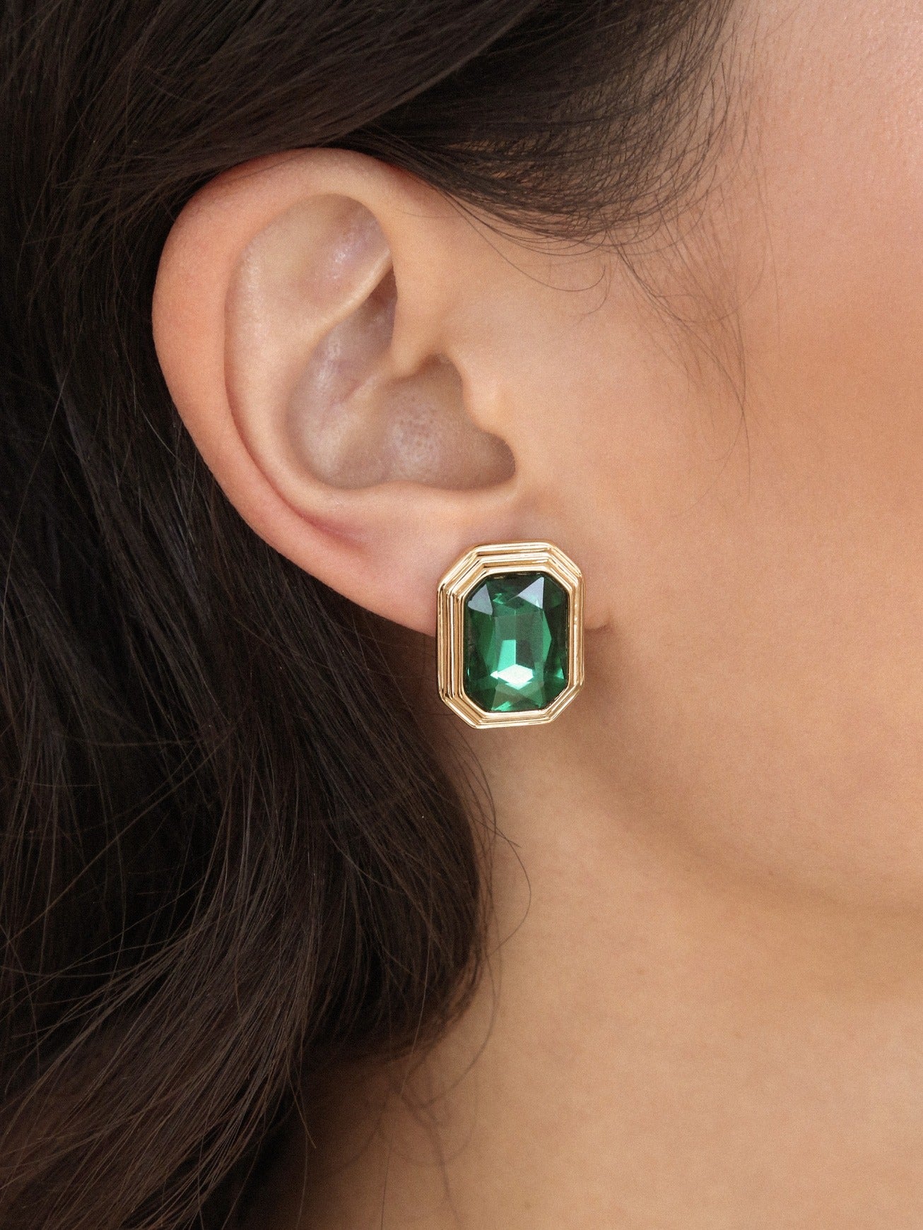 Emerald Deco Earrings on model 2