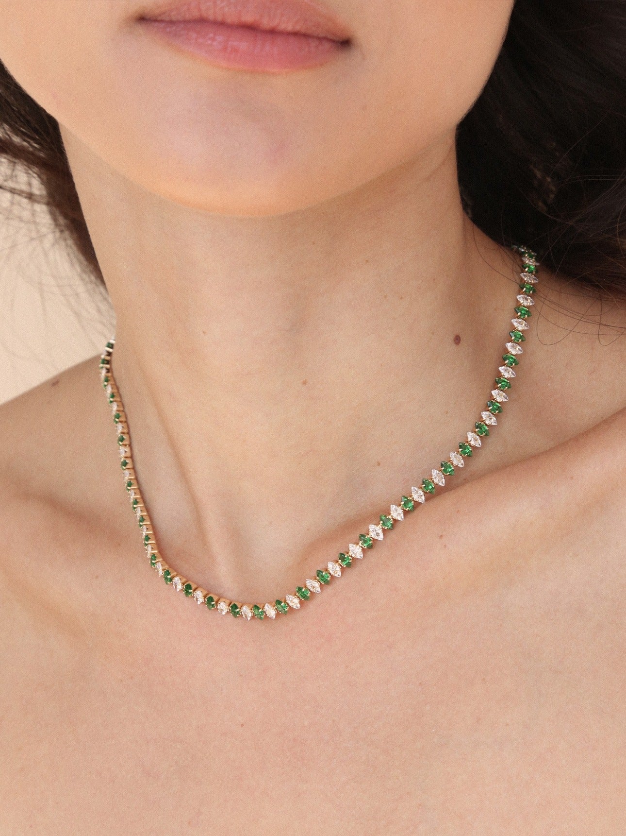 Emerald Marquise Necklace on model 2