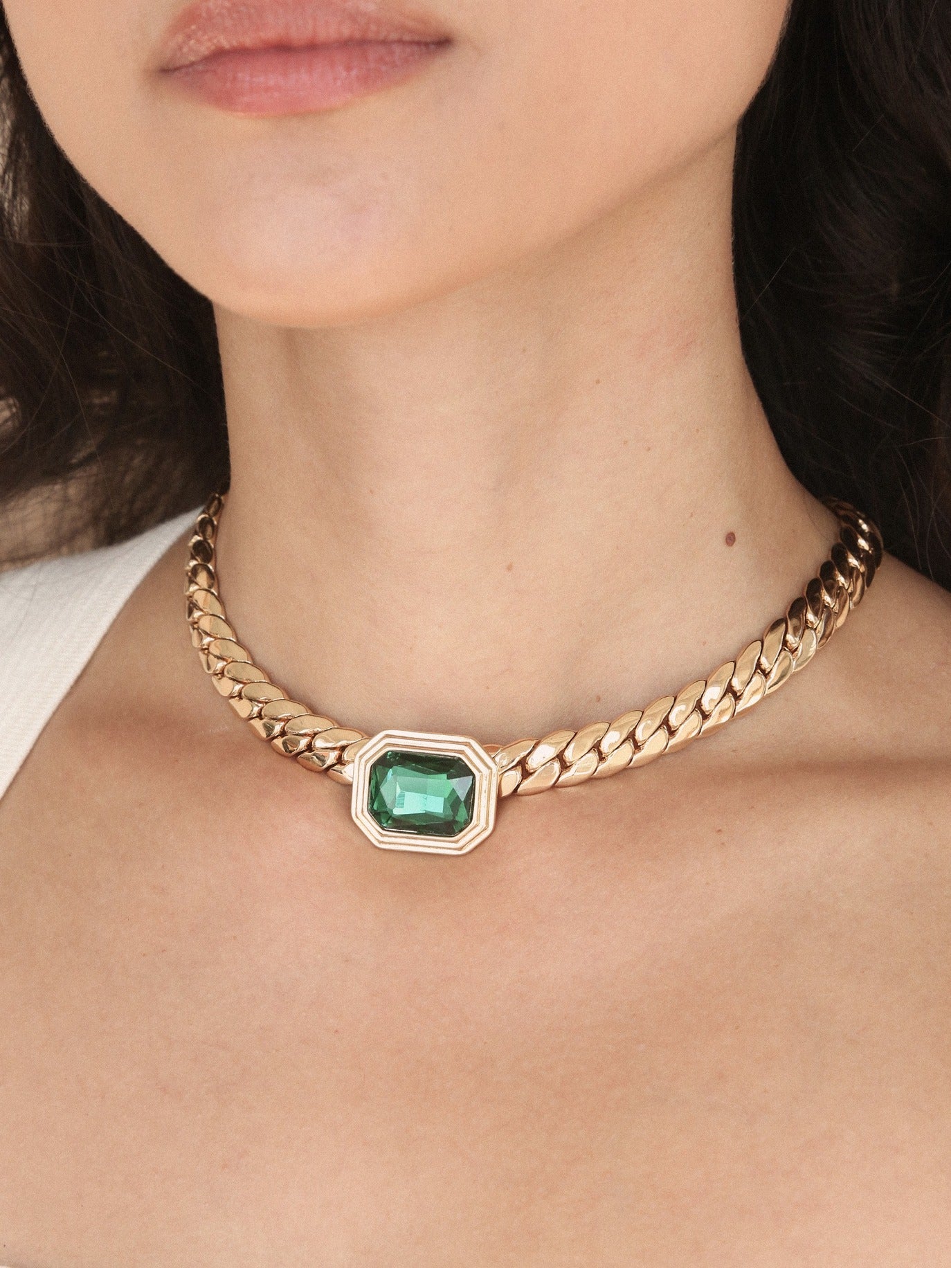 Emerald Deco Necklace on model 3