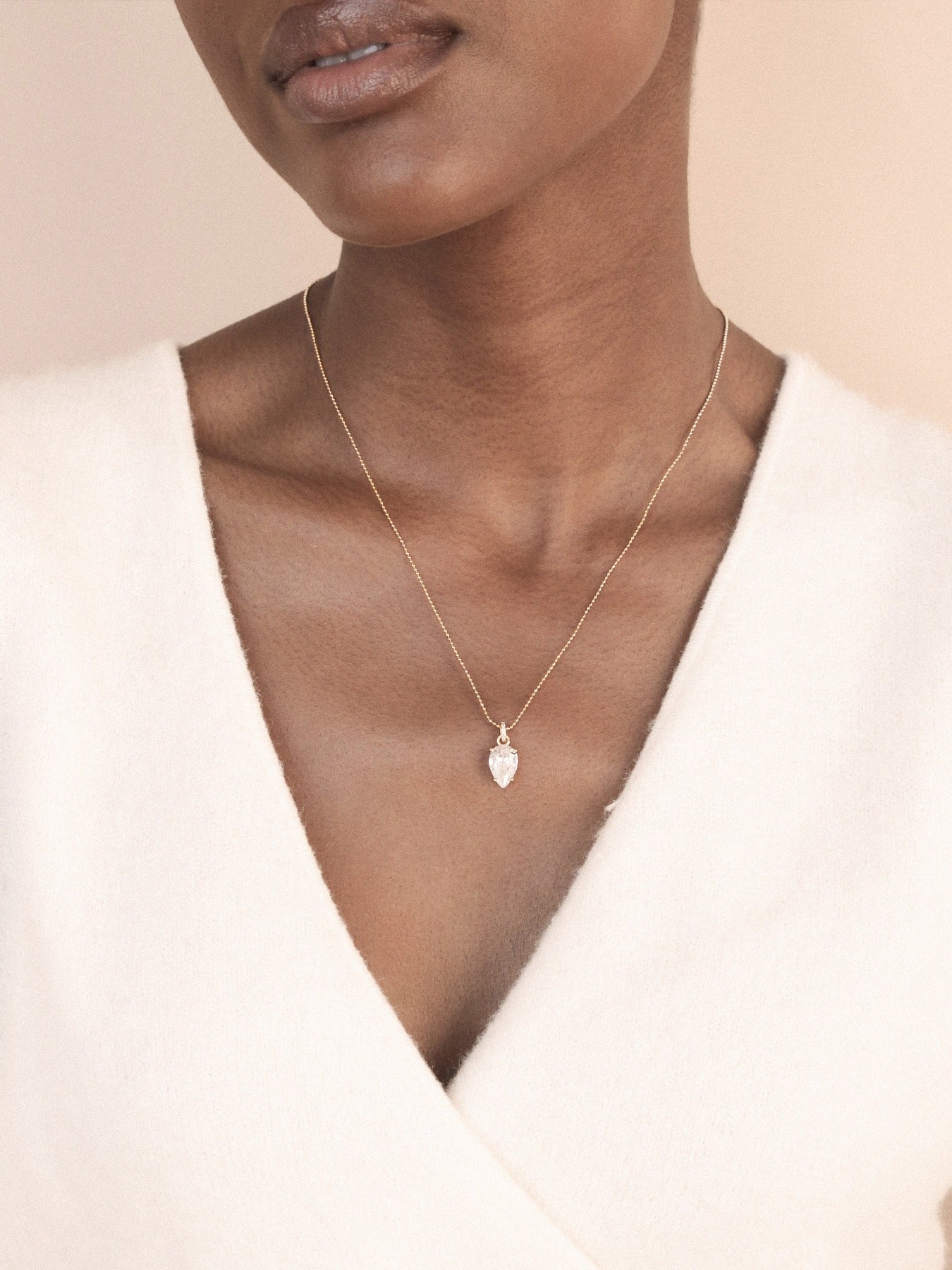 Thin and Delicate Crystal Pendant Necklace on model 2