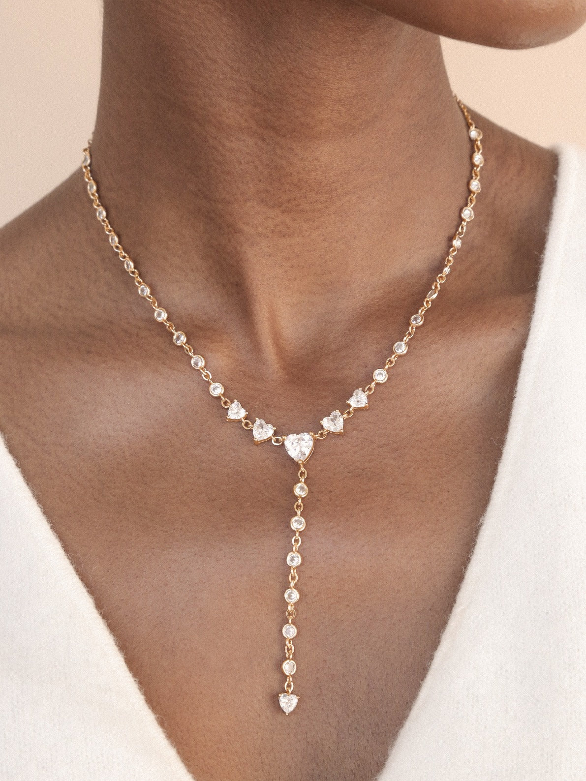 Queen of Hearts Crystal Lariat Necklace on model