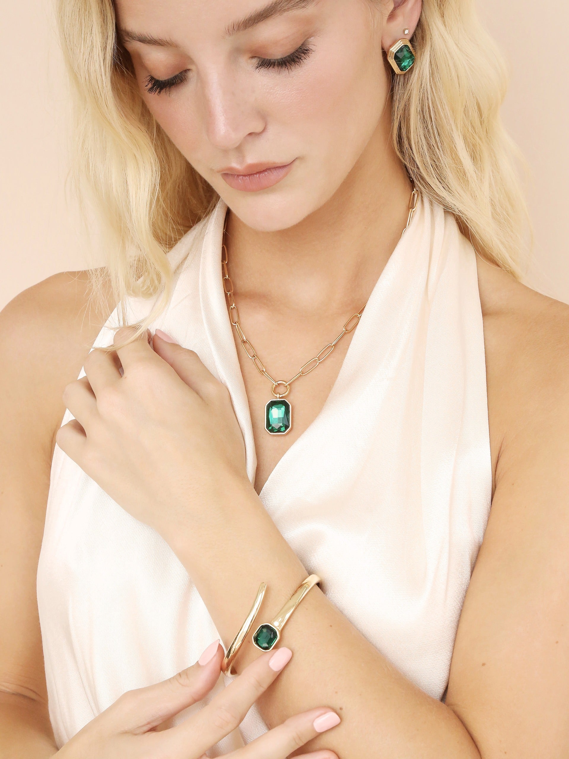 Emerald Deco Wrap Cuff on model 4